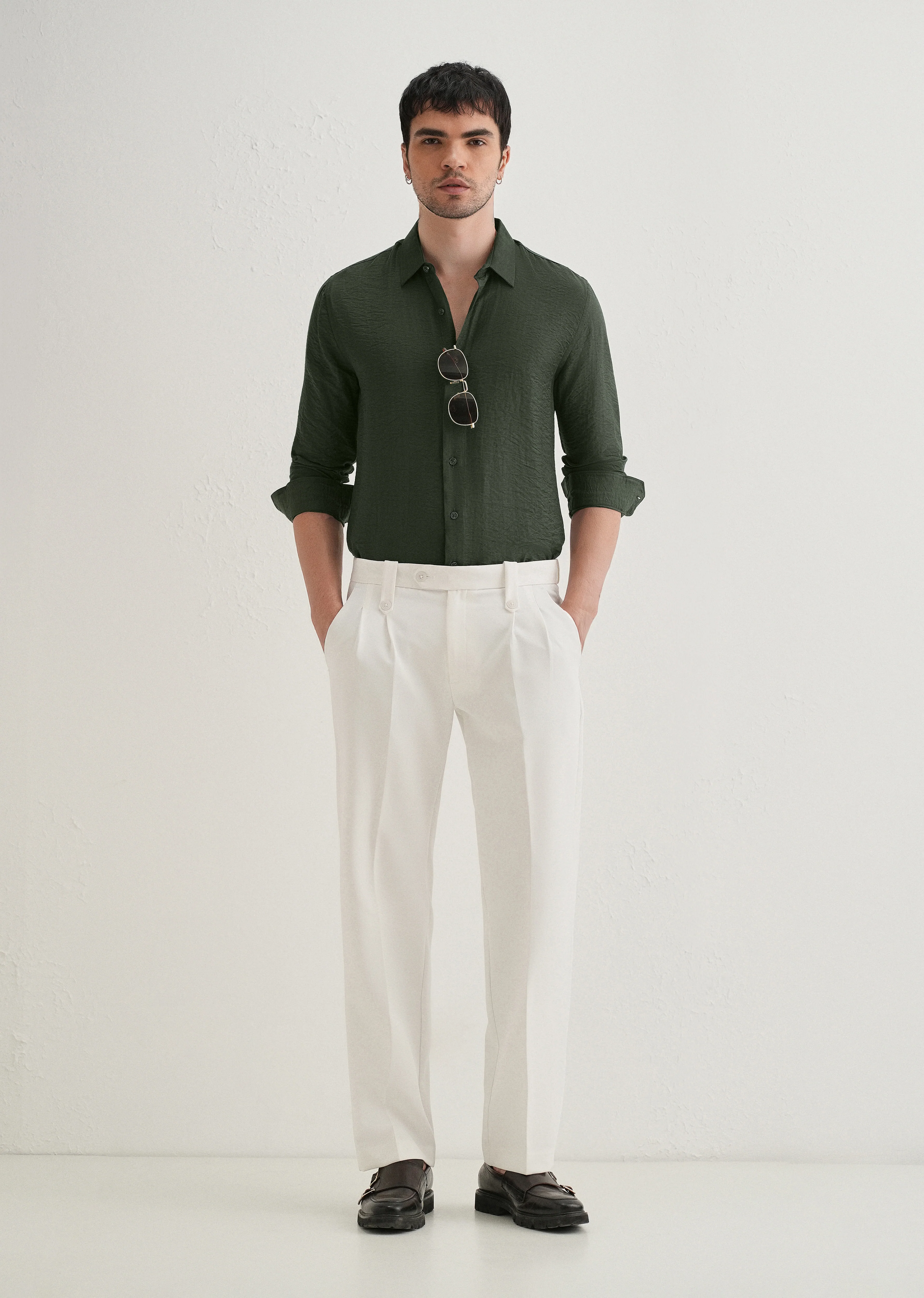 Olive Plain Crushed Satin Shirt - Image 6
