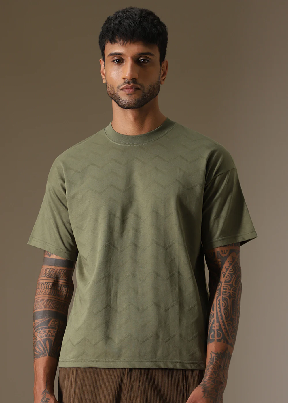 Olive Plain Drop Shoulder Oversized T-shirt - Image 3