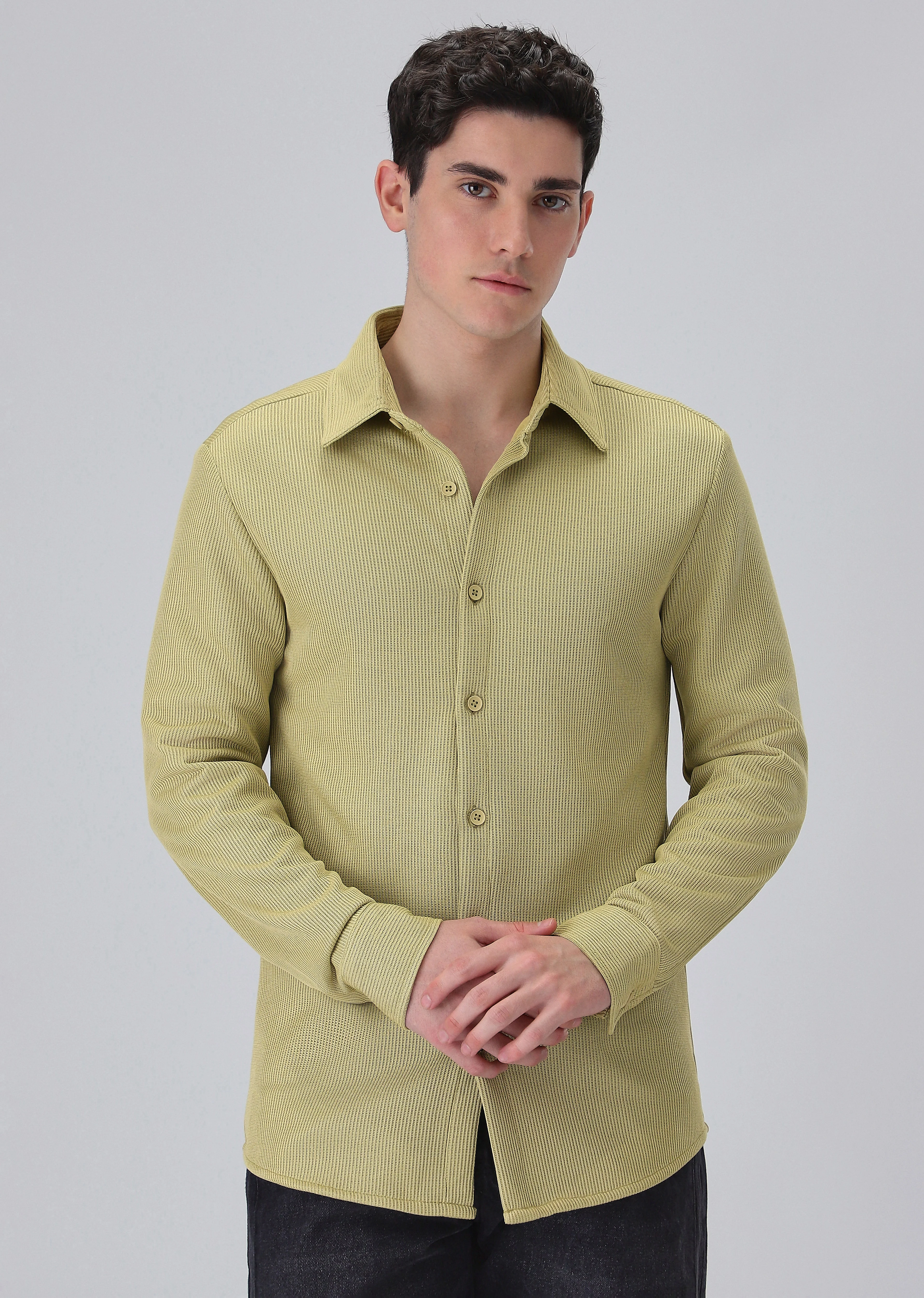 Olive Plain Knitted Shirt - Image 3