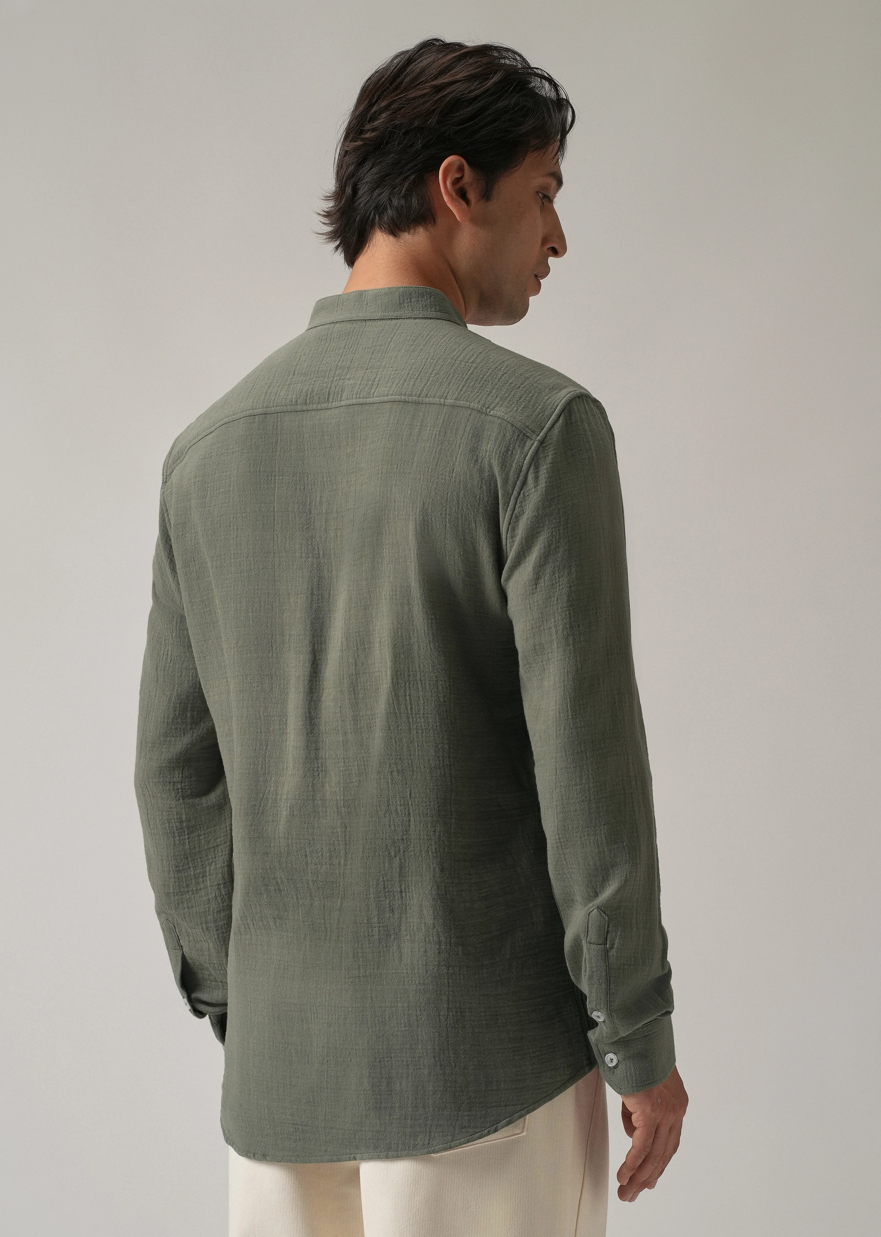 Olive Plain Mandarin Collar Cotton Shirt - Image 2
