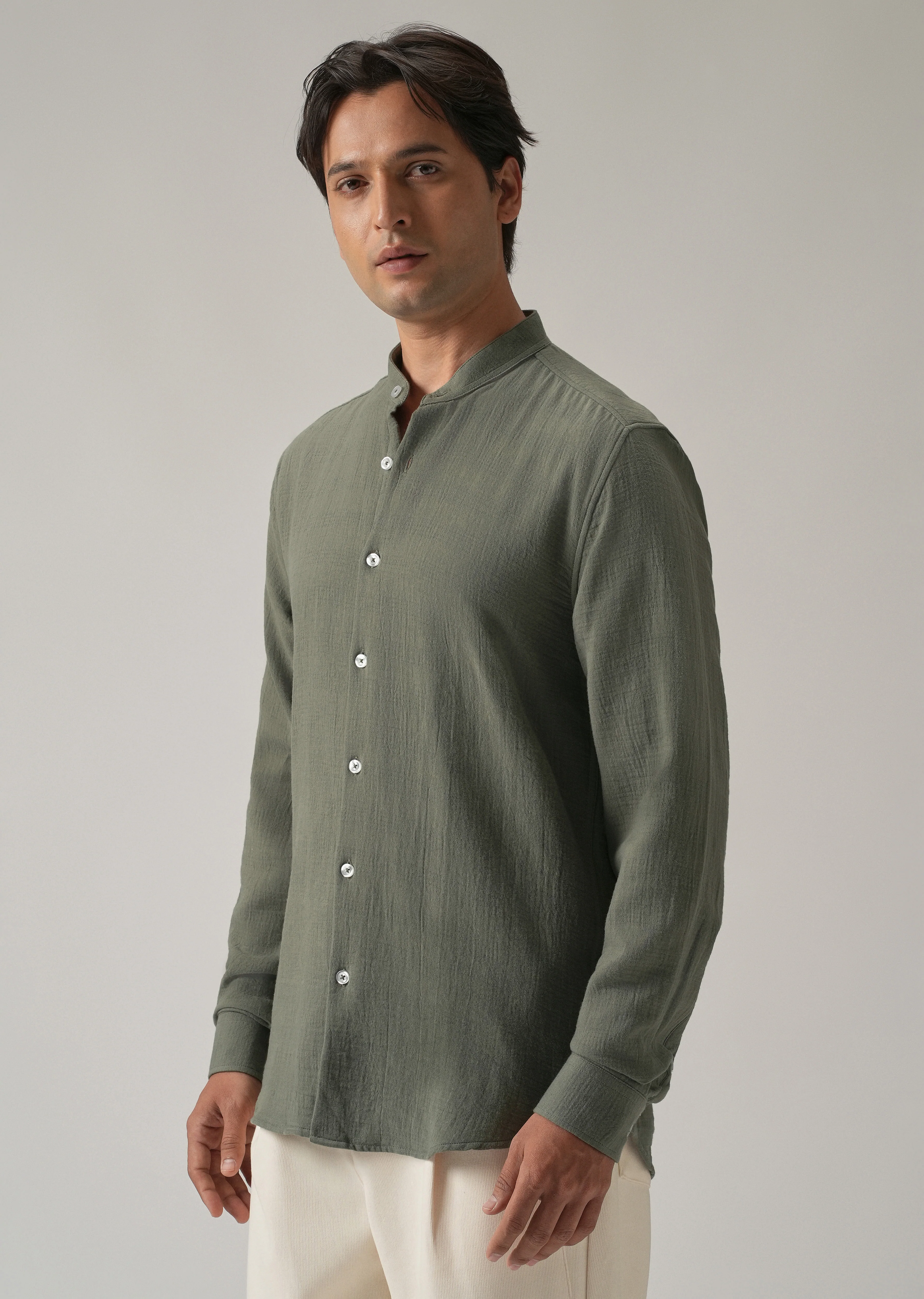 Olive Plain Mandarin Collar Cotton Shirt - Image 4