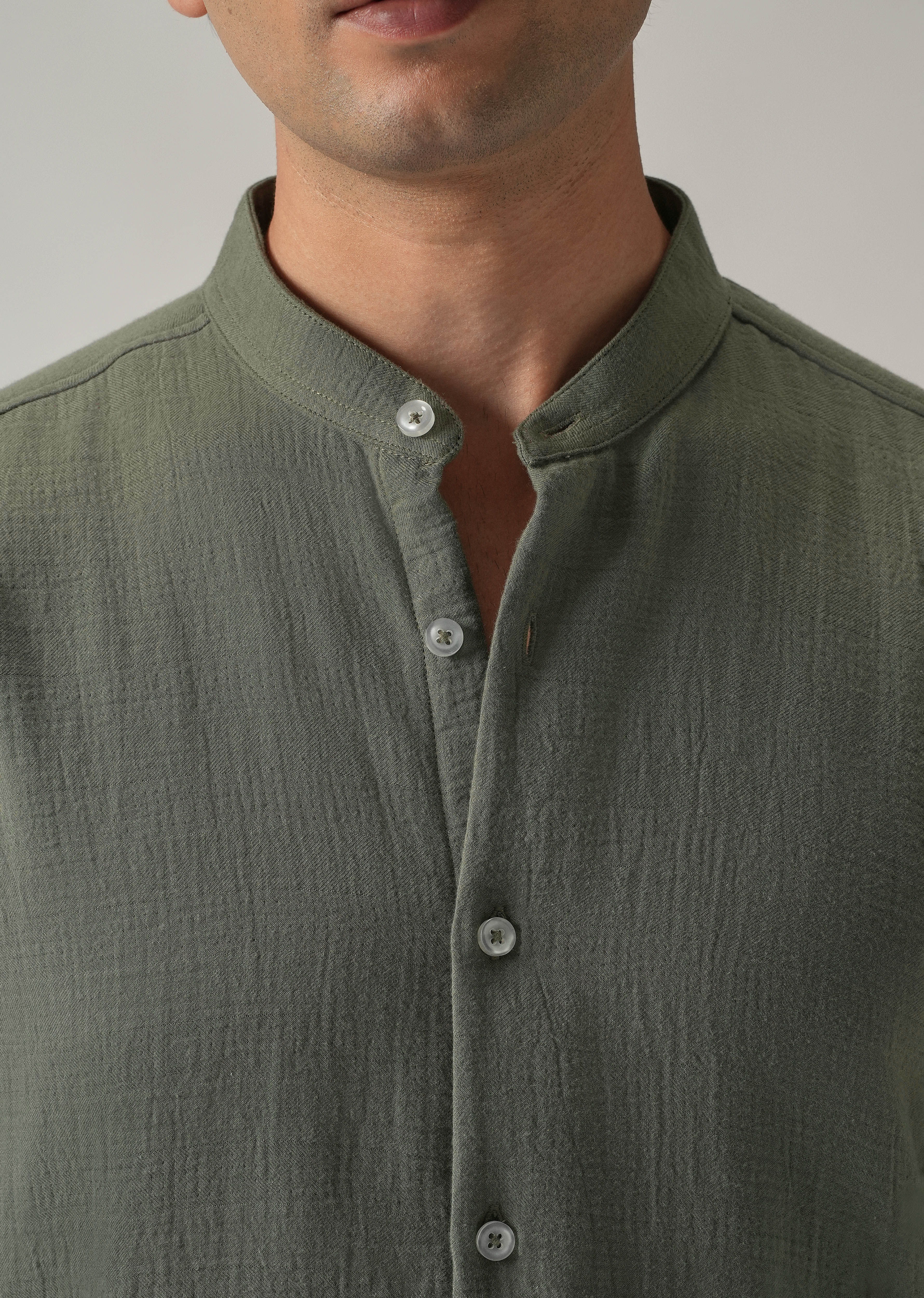 Olive Plain Mandarin Collar Cotton Shirt - Image 5