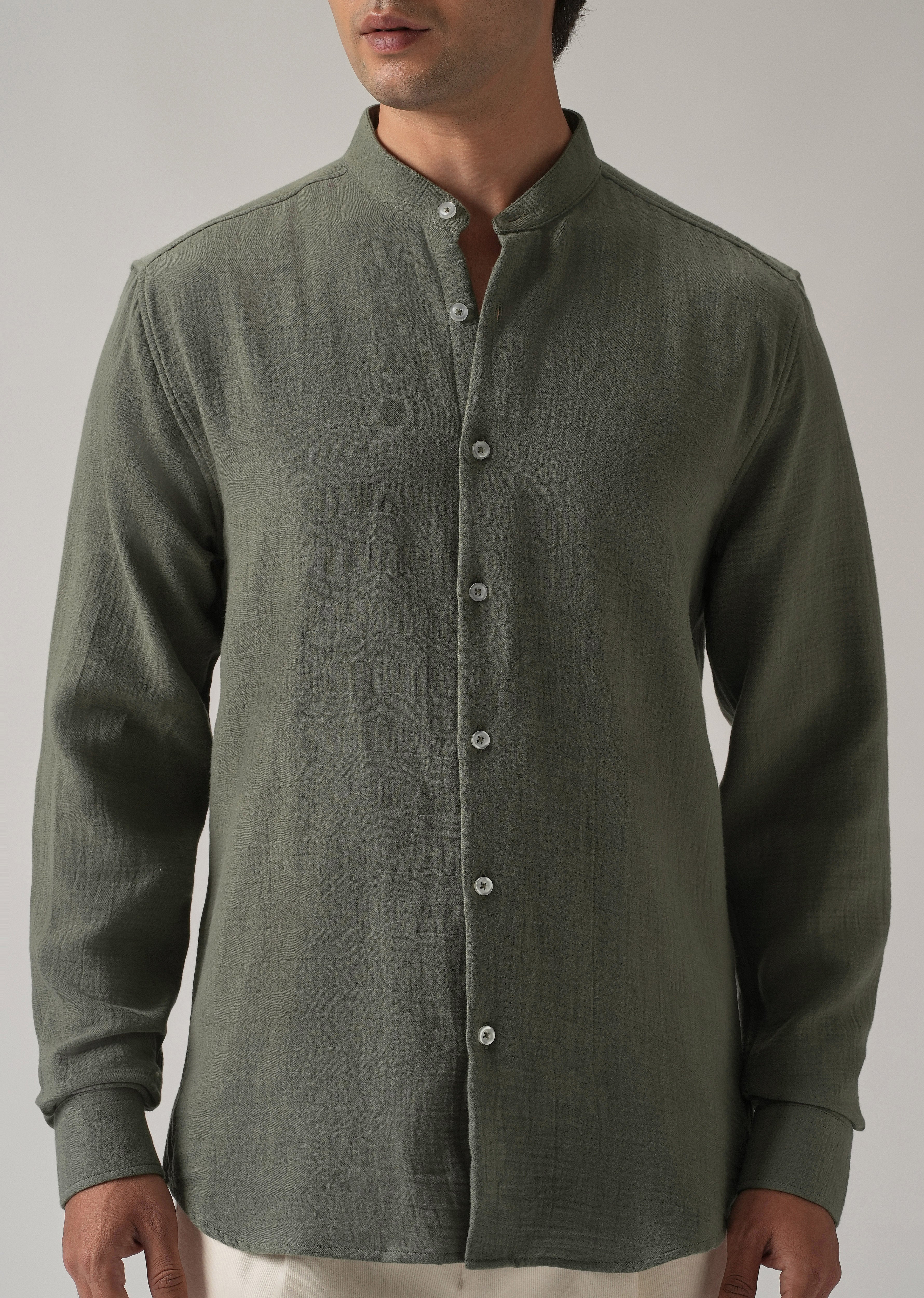 Olive Plain Mandarin Collar Cotton Shirt - Image 7