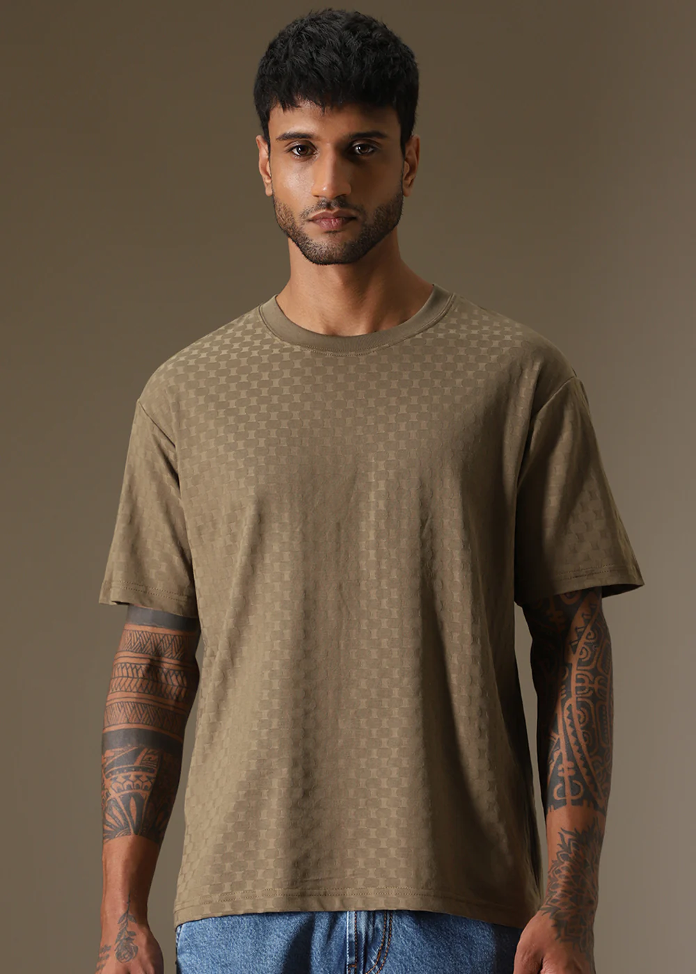Olive Plain Texture Oversized T-shirt - Image 3