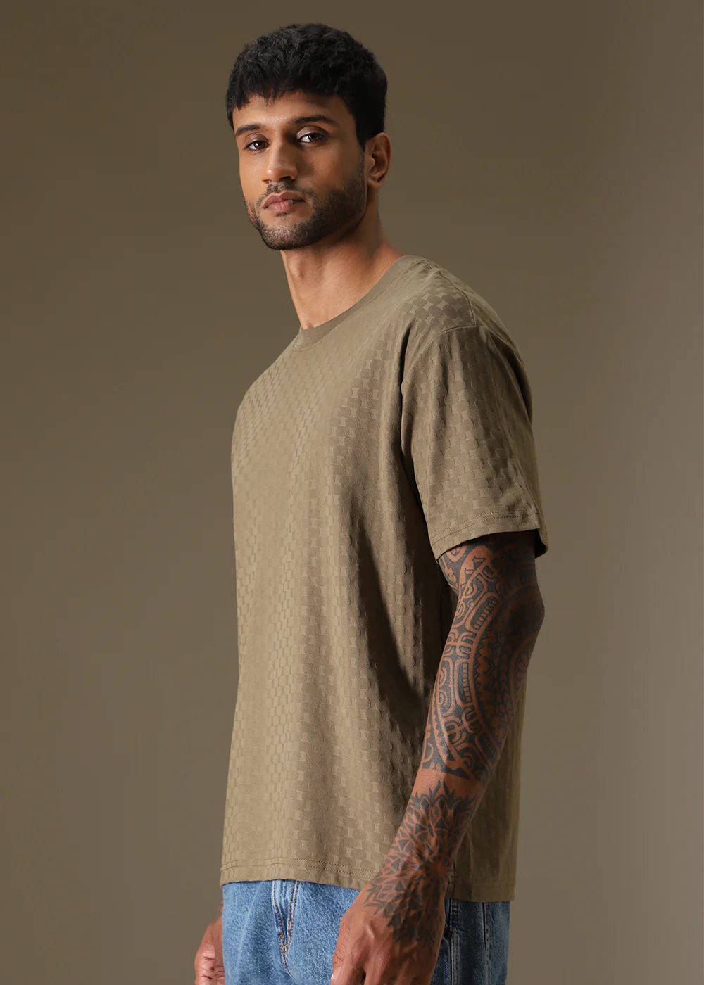Olive Plain Texture Oversized T-shirt - Image 5