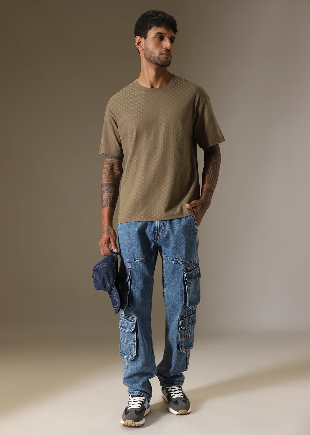 Olive Plain Texture Oversized T-shirt - Image 6