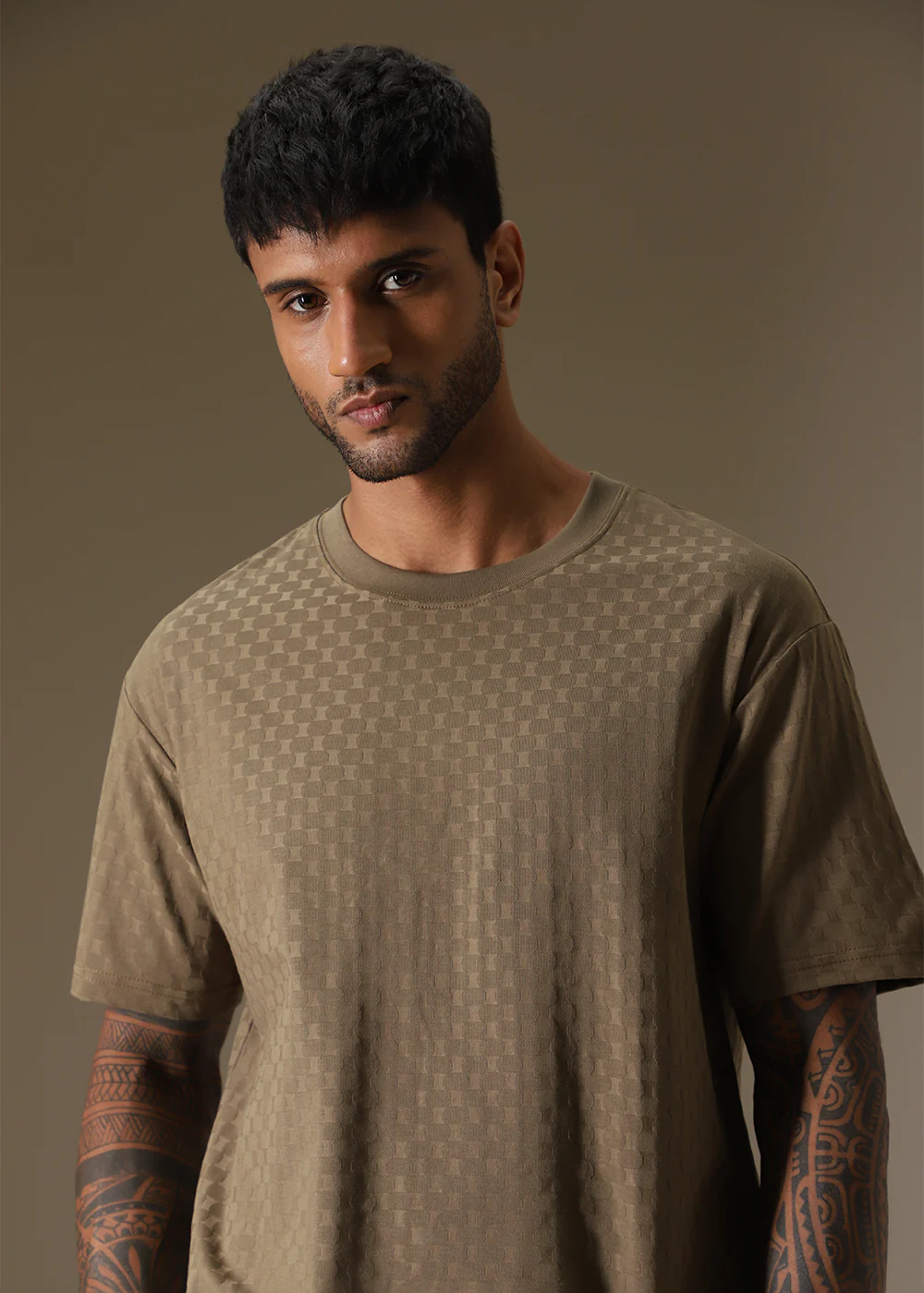 Olive Plain Texture Oversized T-shirt - Image 7