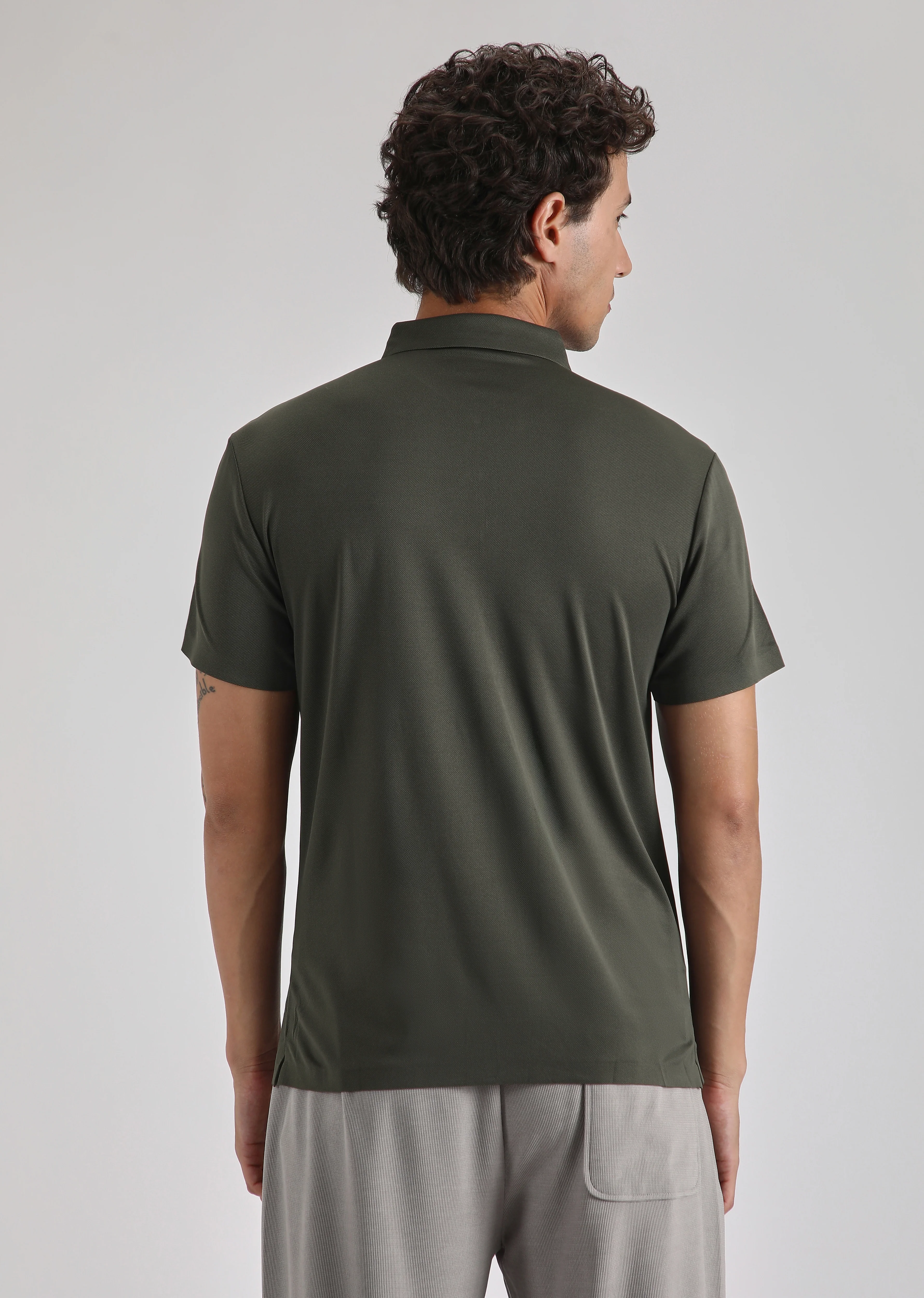 Olive Plain Zipper Stitchless Polo T-shirt - Image 4