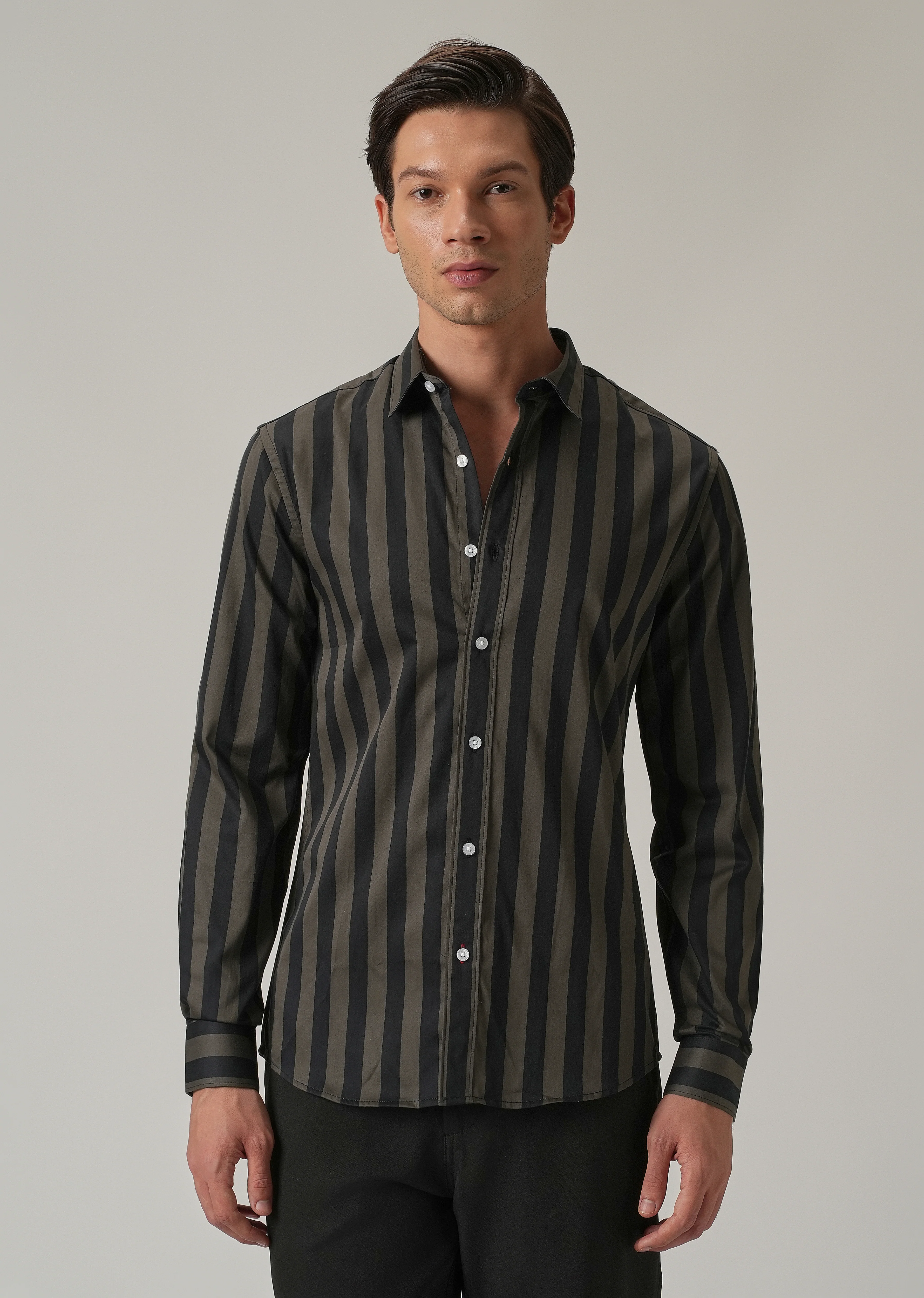 Olive Satin Striped Shirt - Image 3
