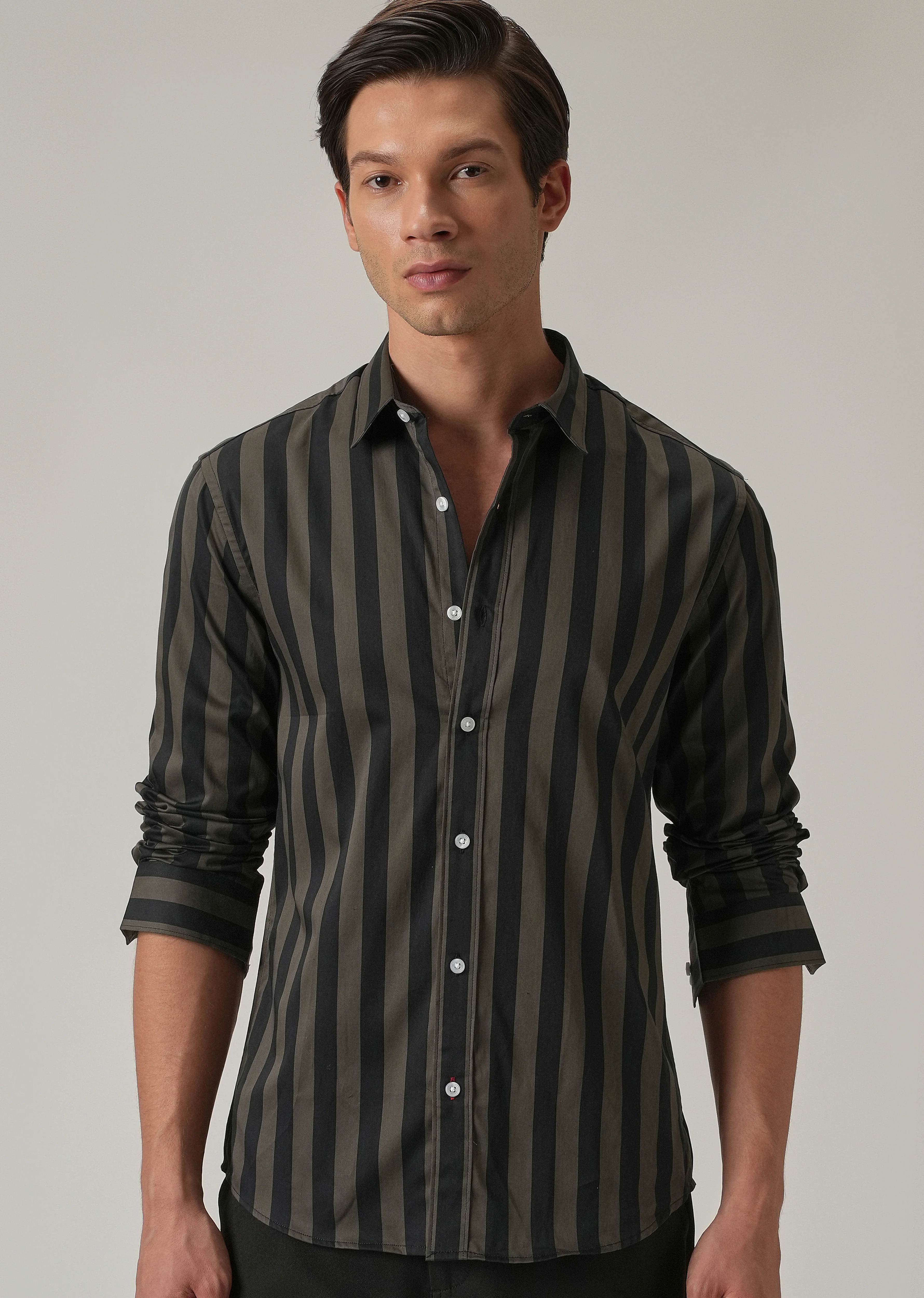 Olive Satin Striped Shirt - Image 7