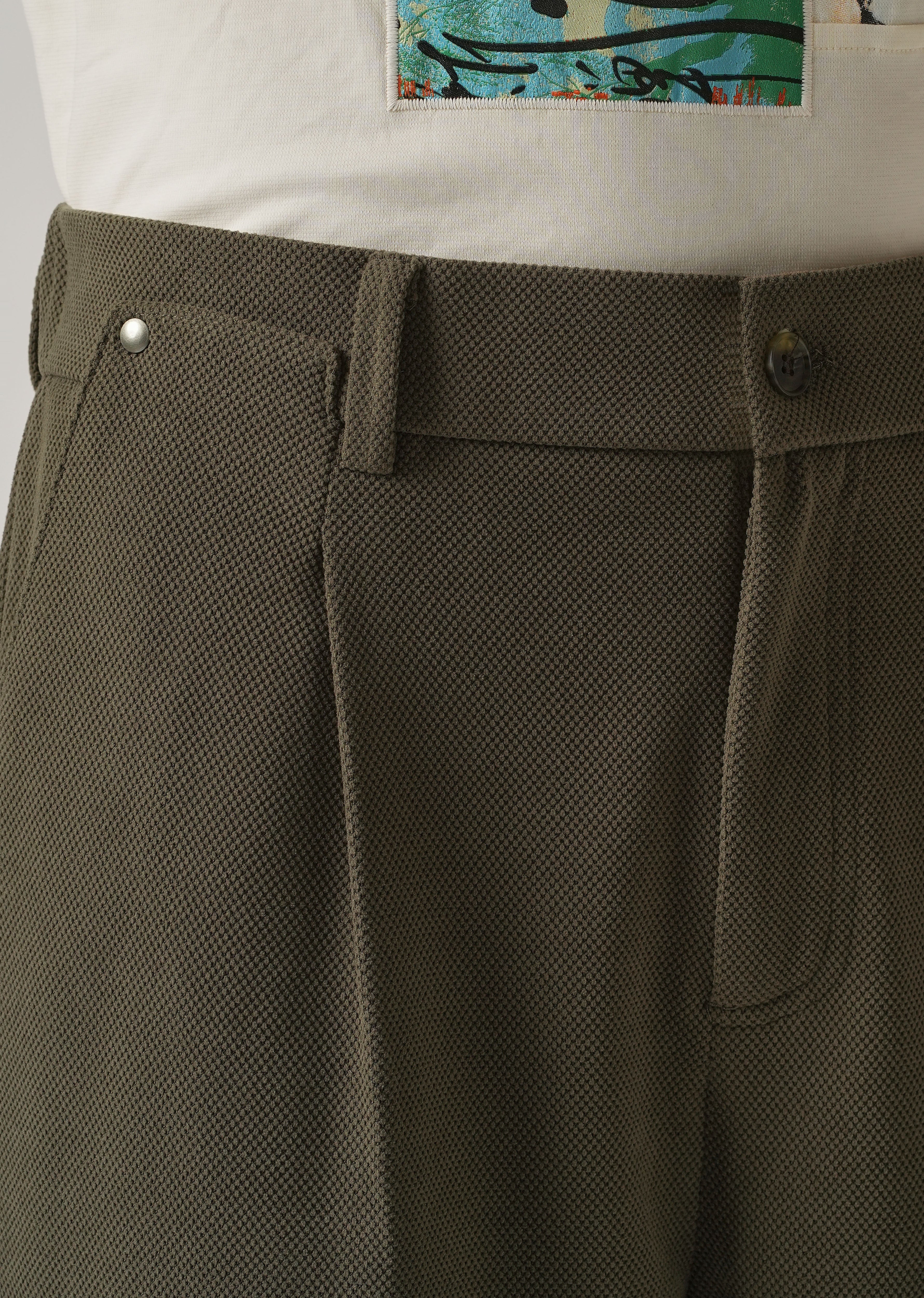 Olive Textured Pleated Relaxed Fit Pant - Image 5