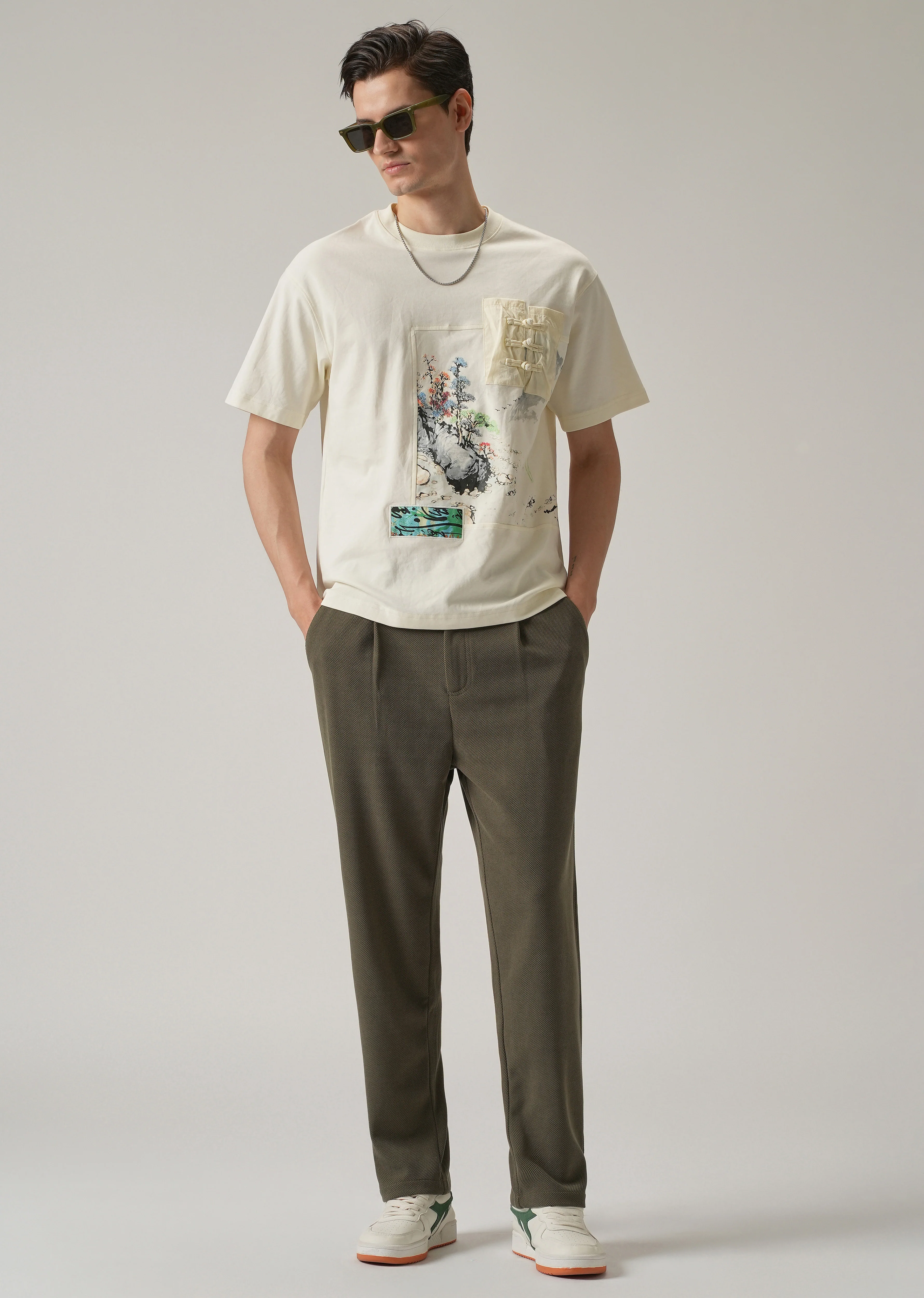 Olive Textured Pleated Relaxed Fit Pant - Image 6
