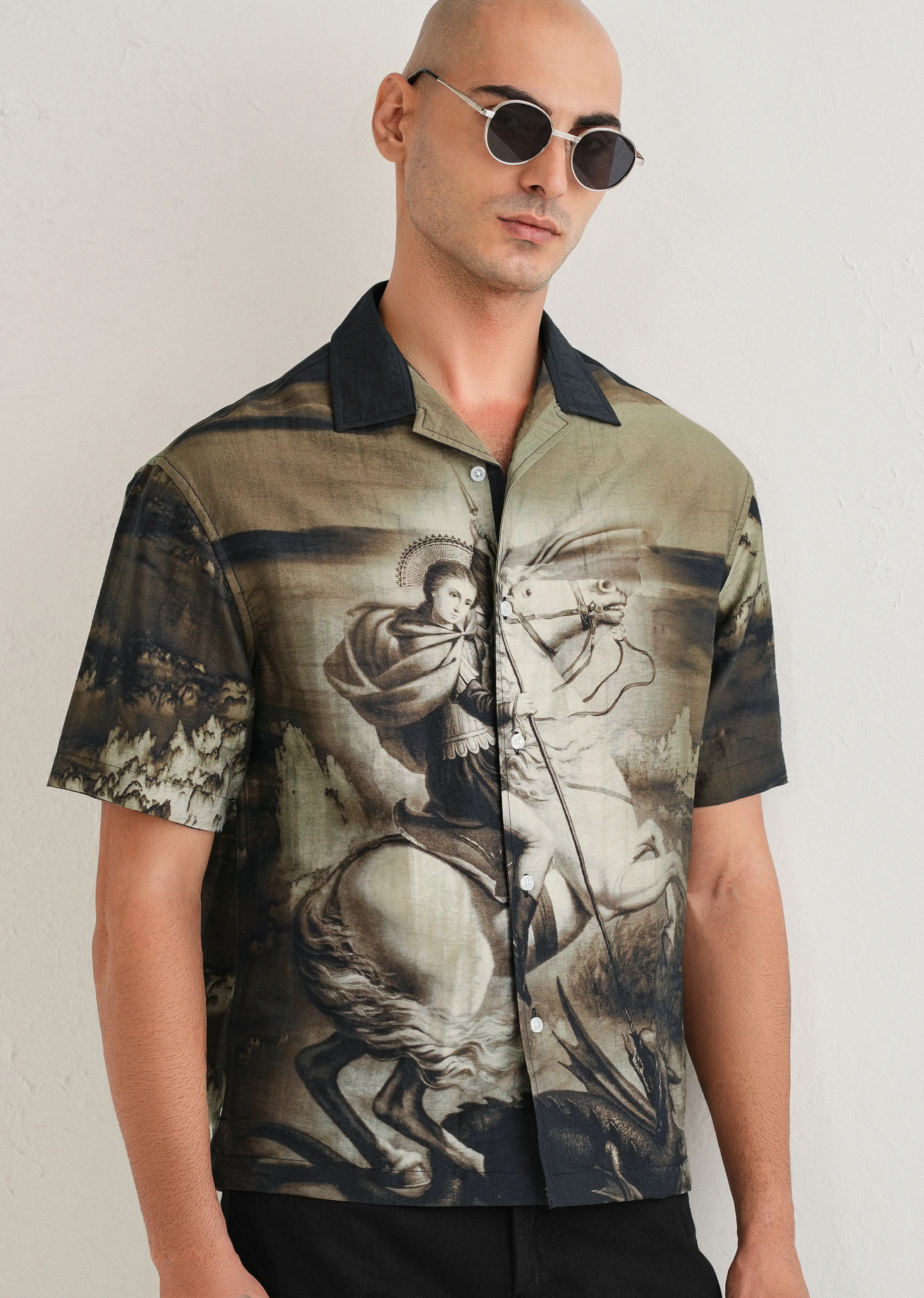 Olive Vintage Placement Print Shirt - Image 7