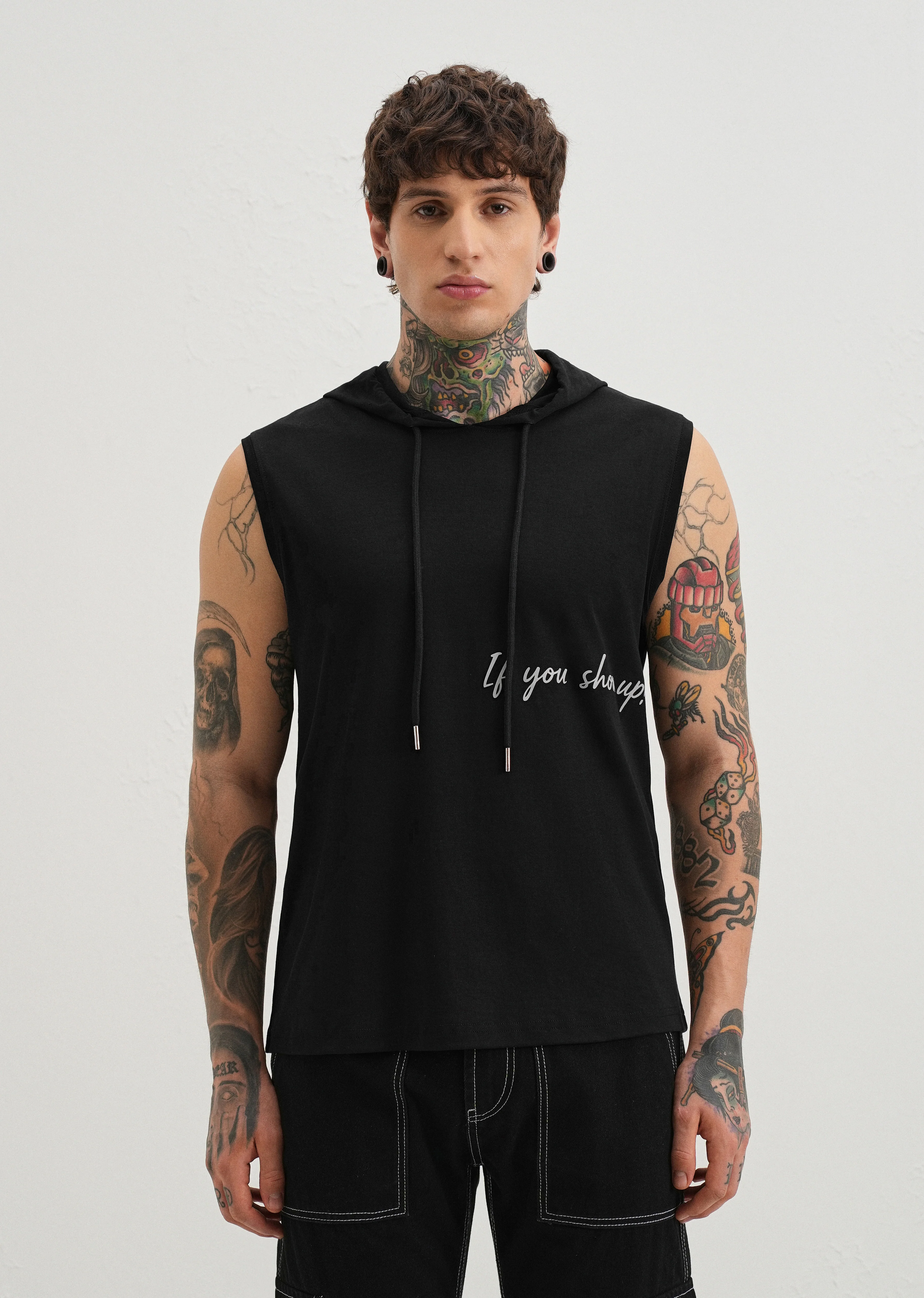 Onyx Black Typography Printed Hoodie Tank - Image 3