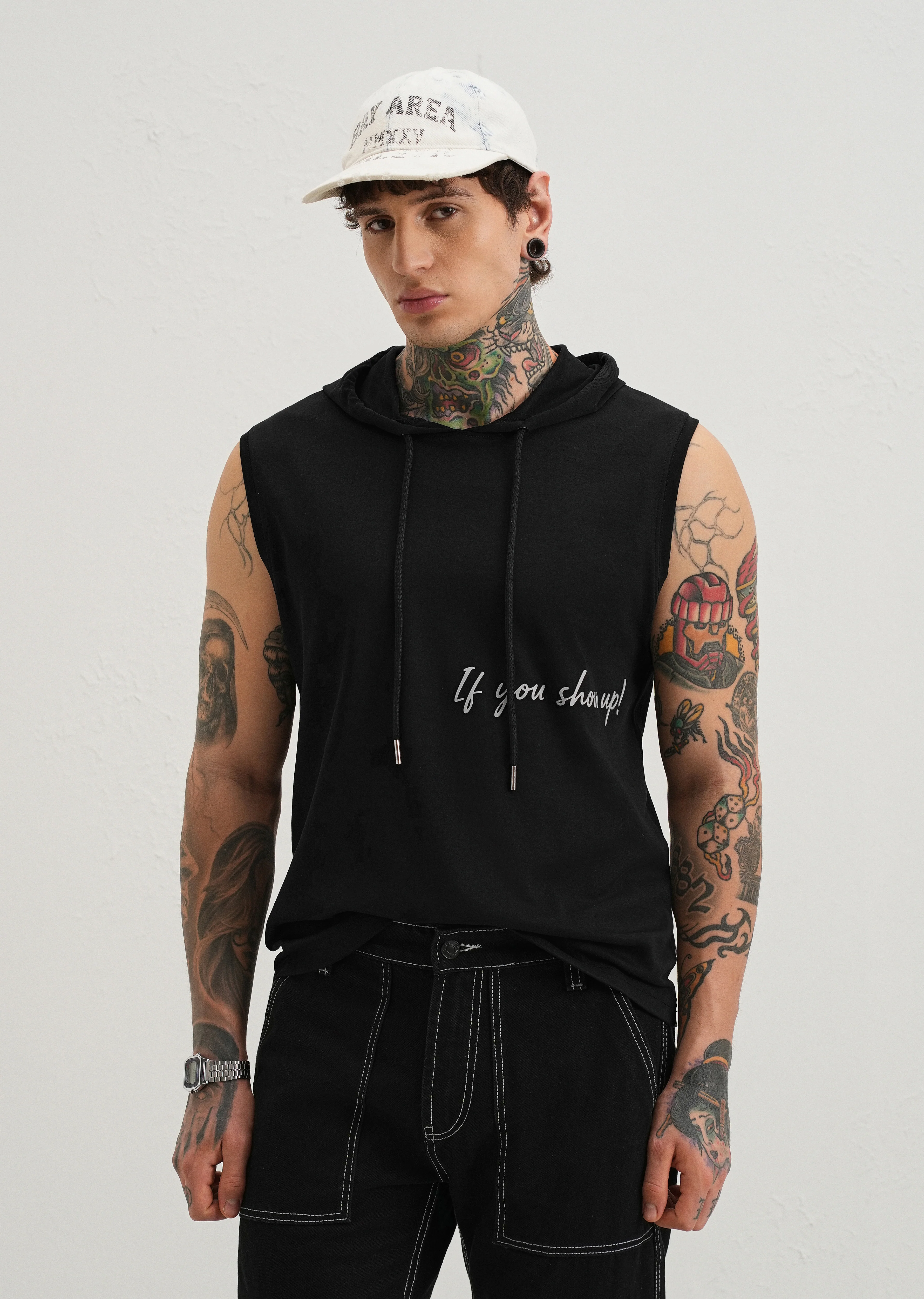Onyx Black Typography Printed Hoodie Tank - Image 7