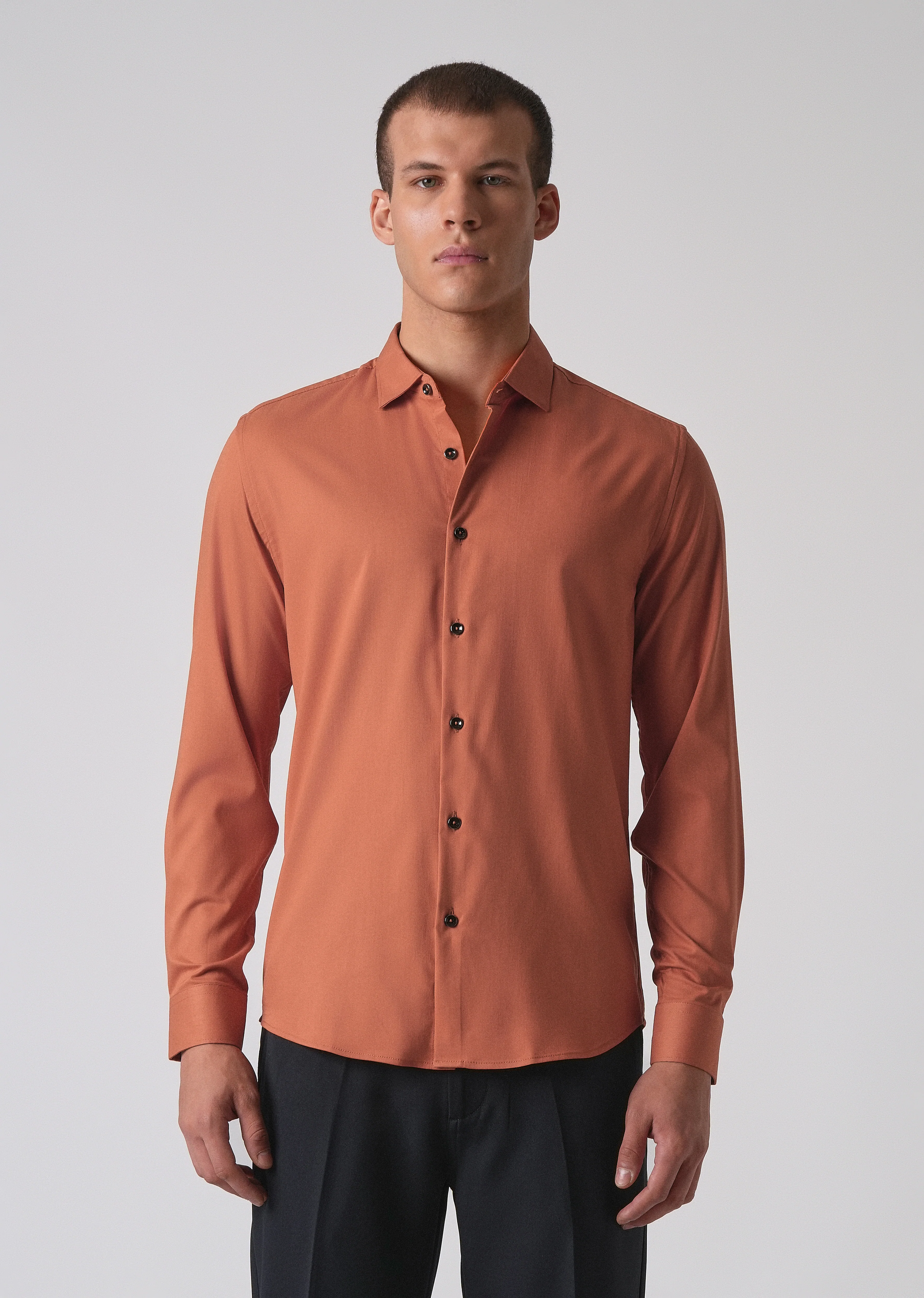 Orange Cotton Stretch Plain Shirt - Image 3