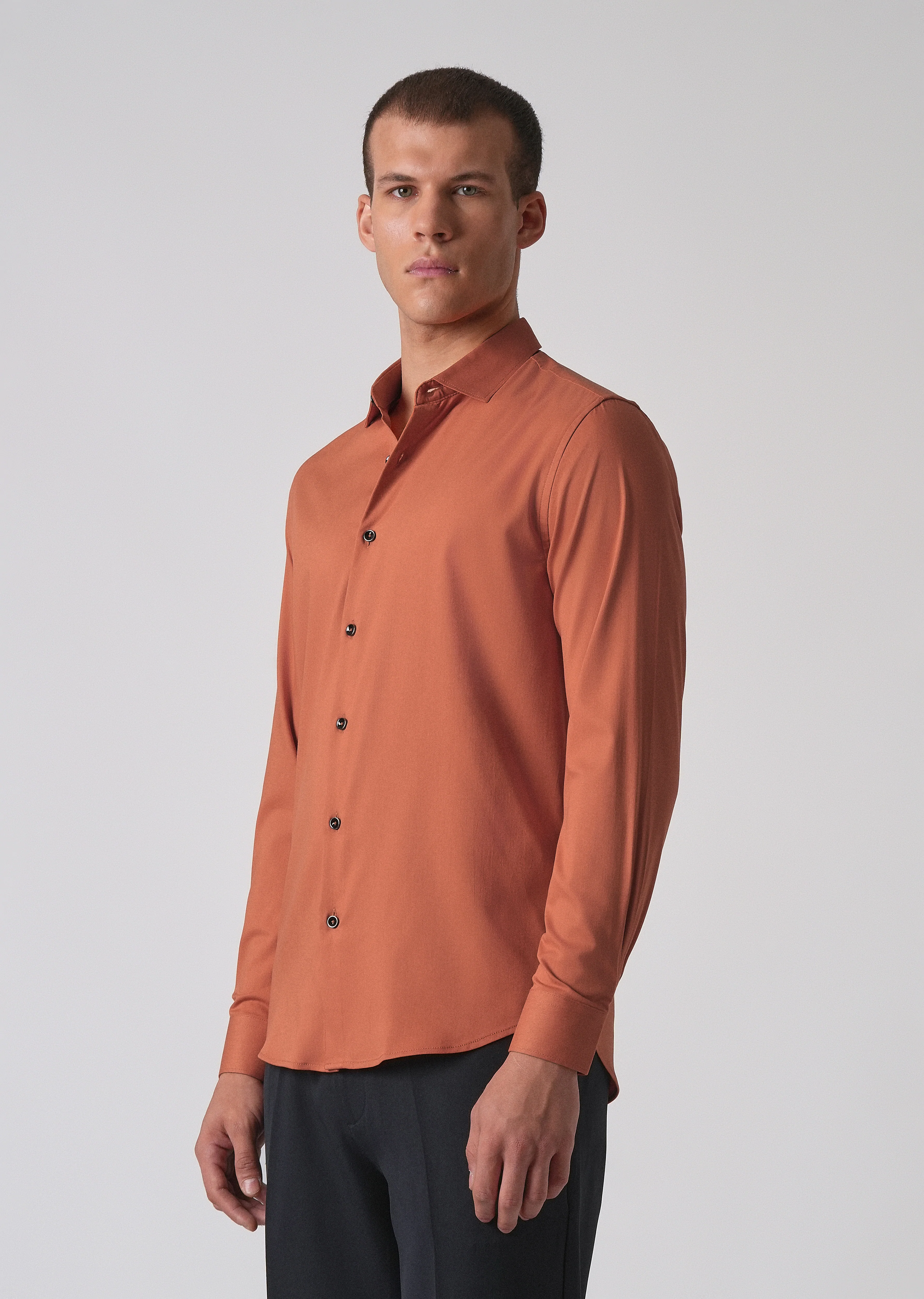 Orange Cotton Stretch Plain Shirt - Image 4