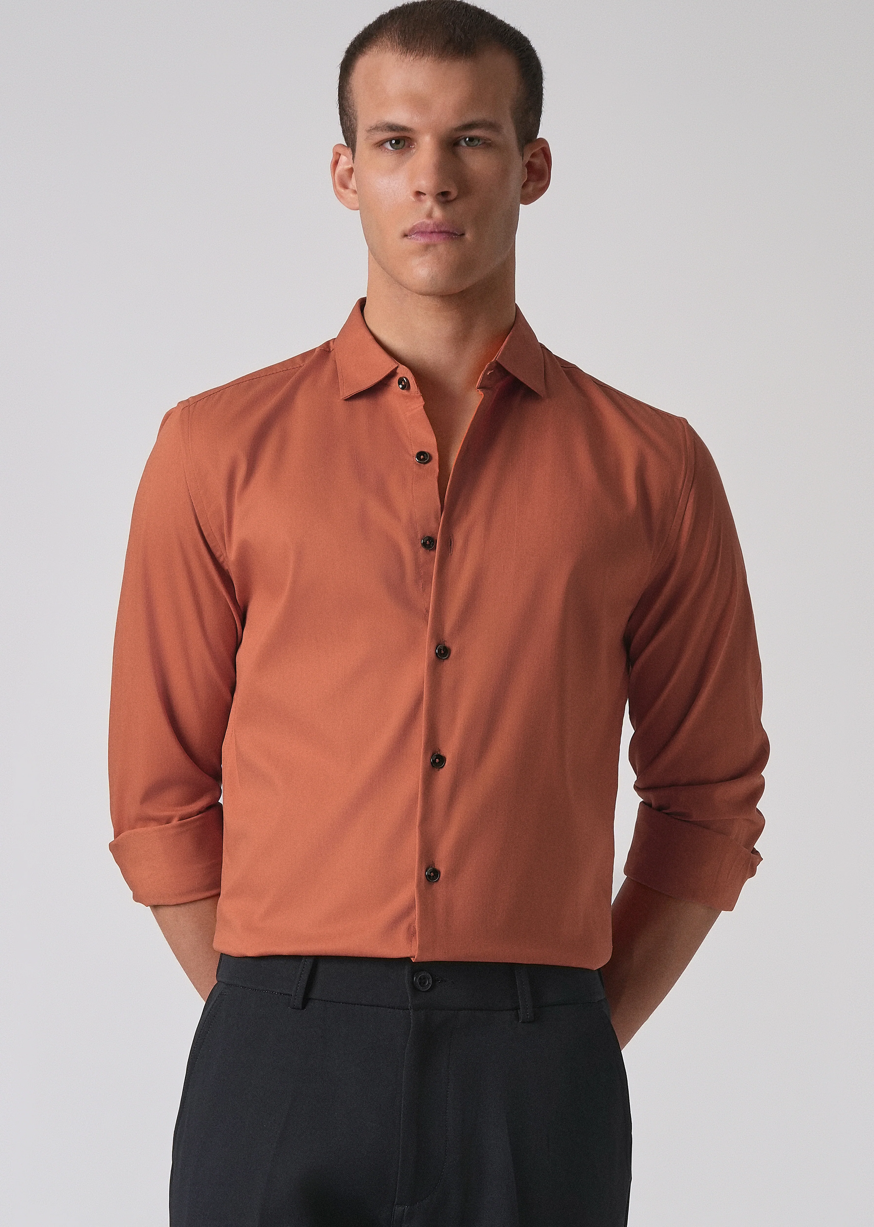 Orange Cotton Stretch Plain Shirt - Image 7