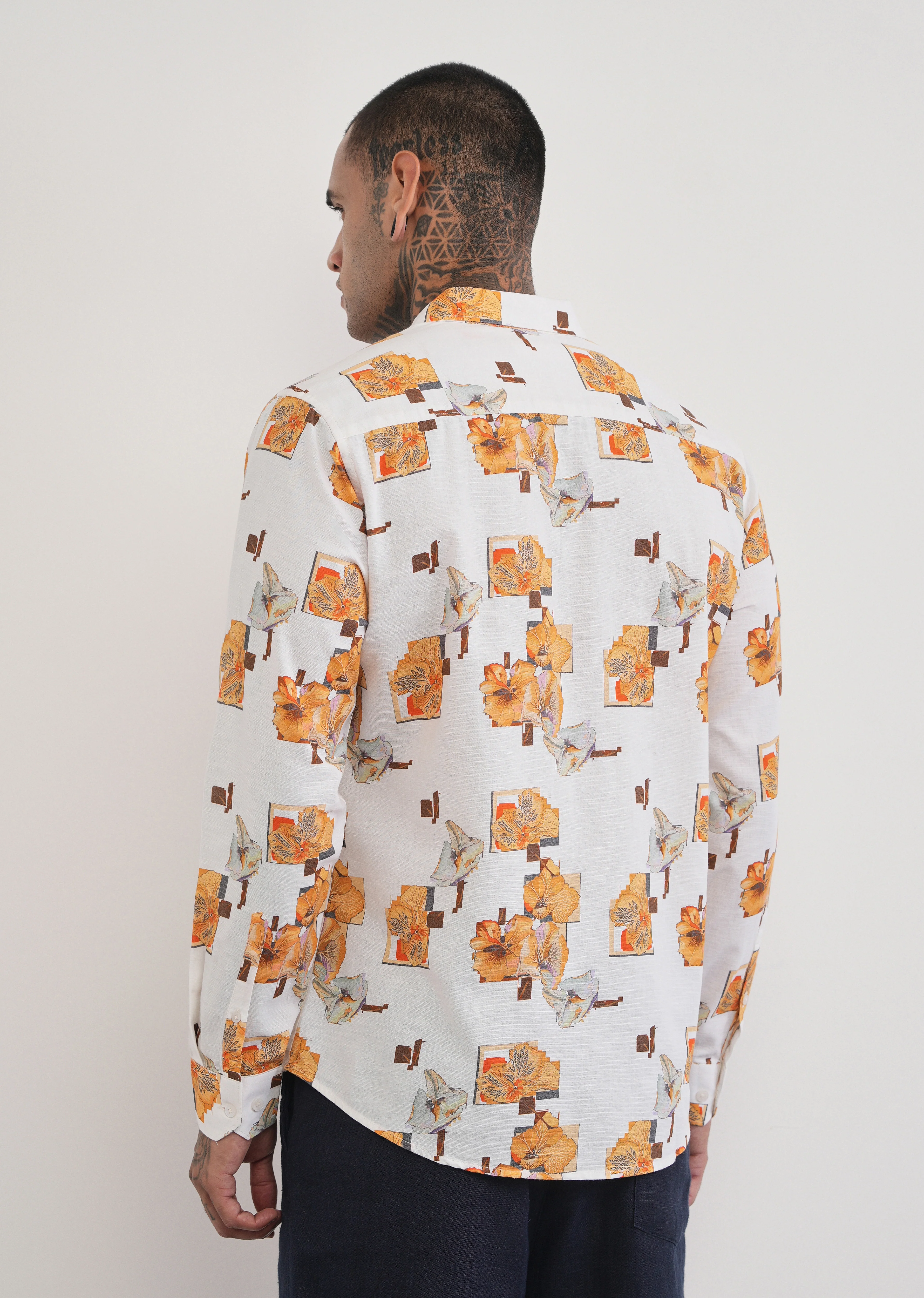 Orange Floral Print Cotton Linen Shirt - Image 3