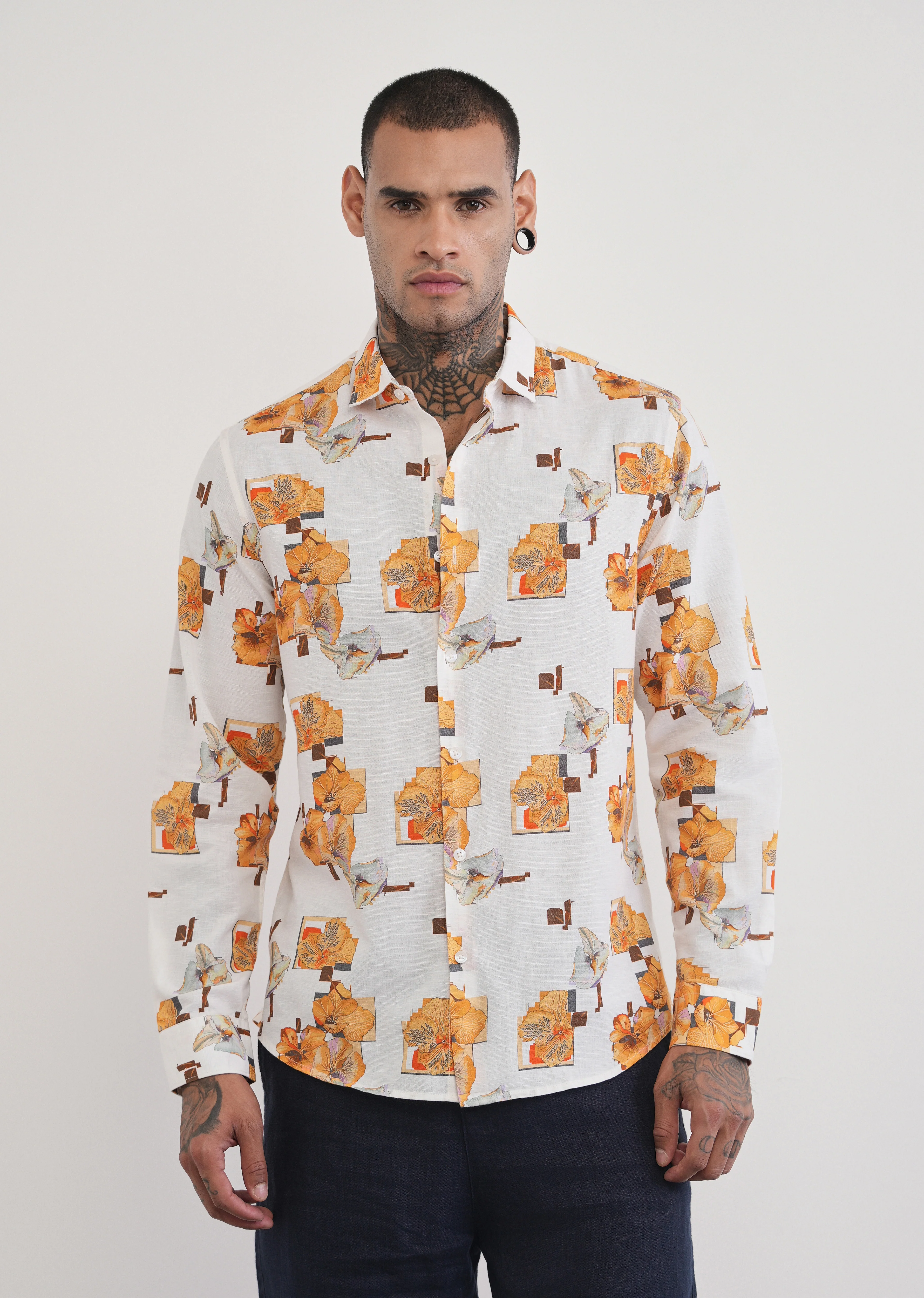 Orange Floral Print Cotton Linen Shirt - Image 5