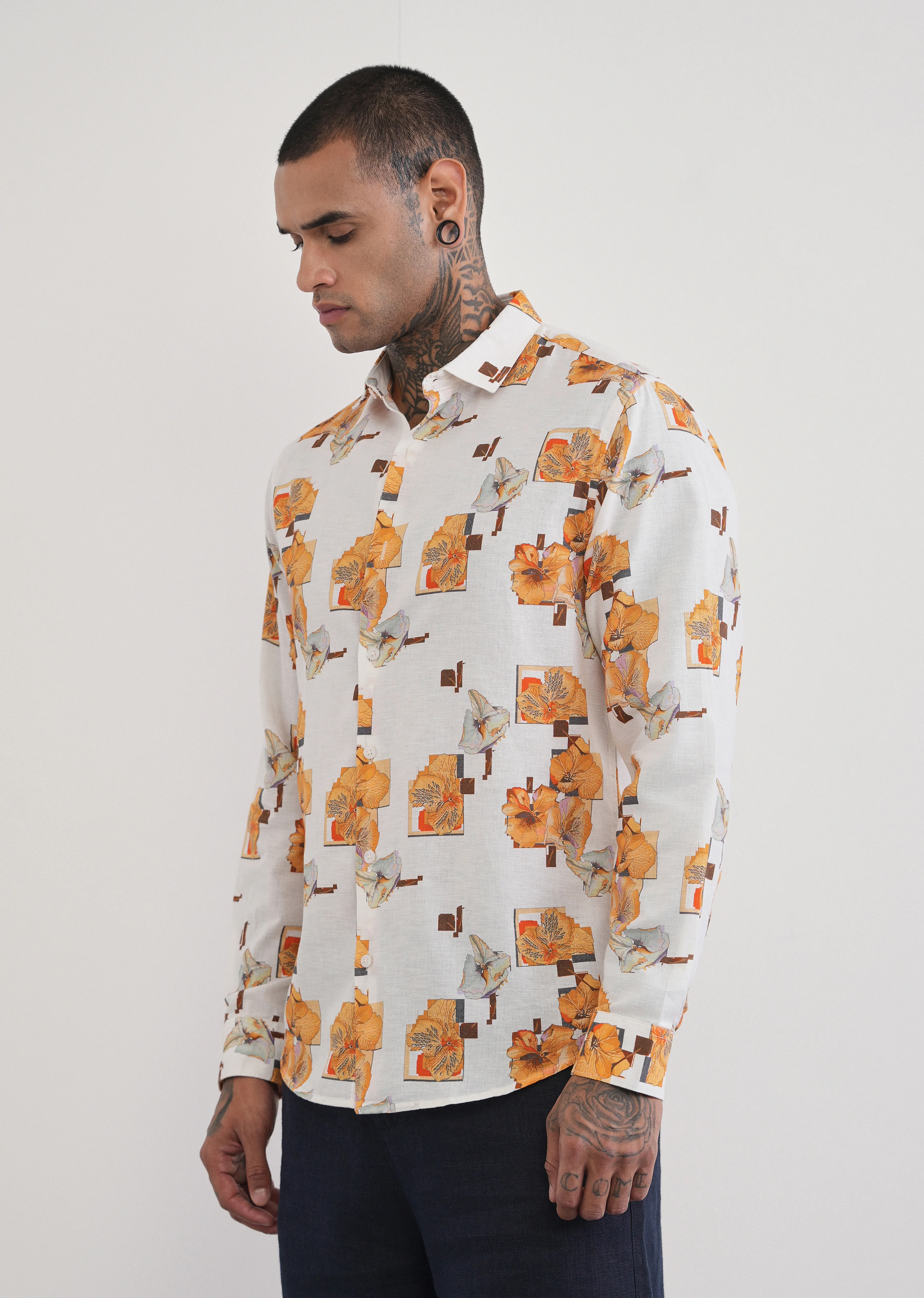 Orange Floral Print Cotton Linen Shirt - Image 6