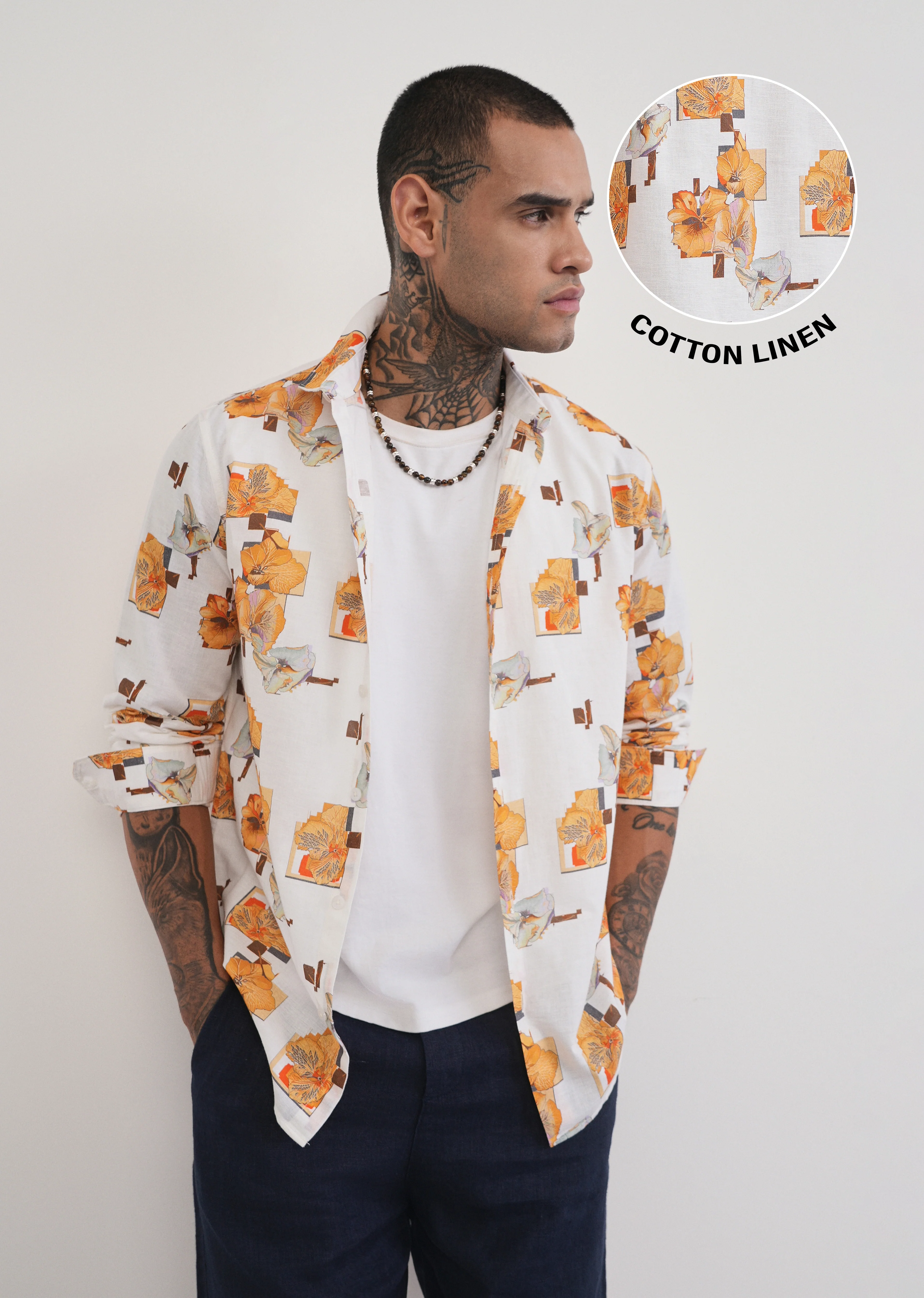 Orange Floral Print Cotton Linen Shirt - Image 9