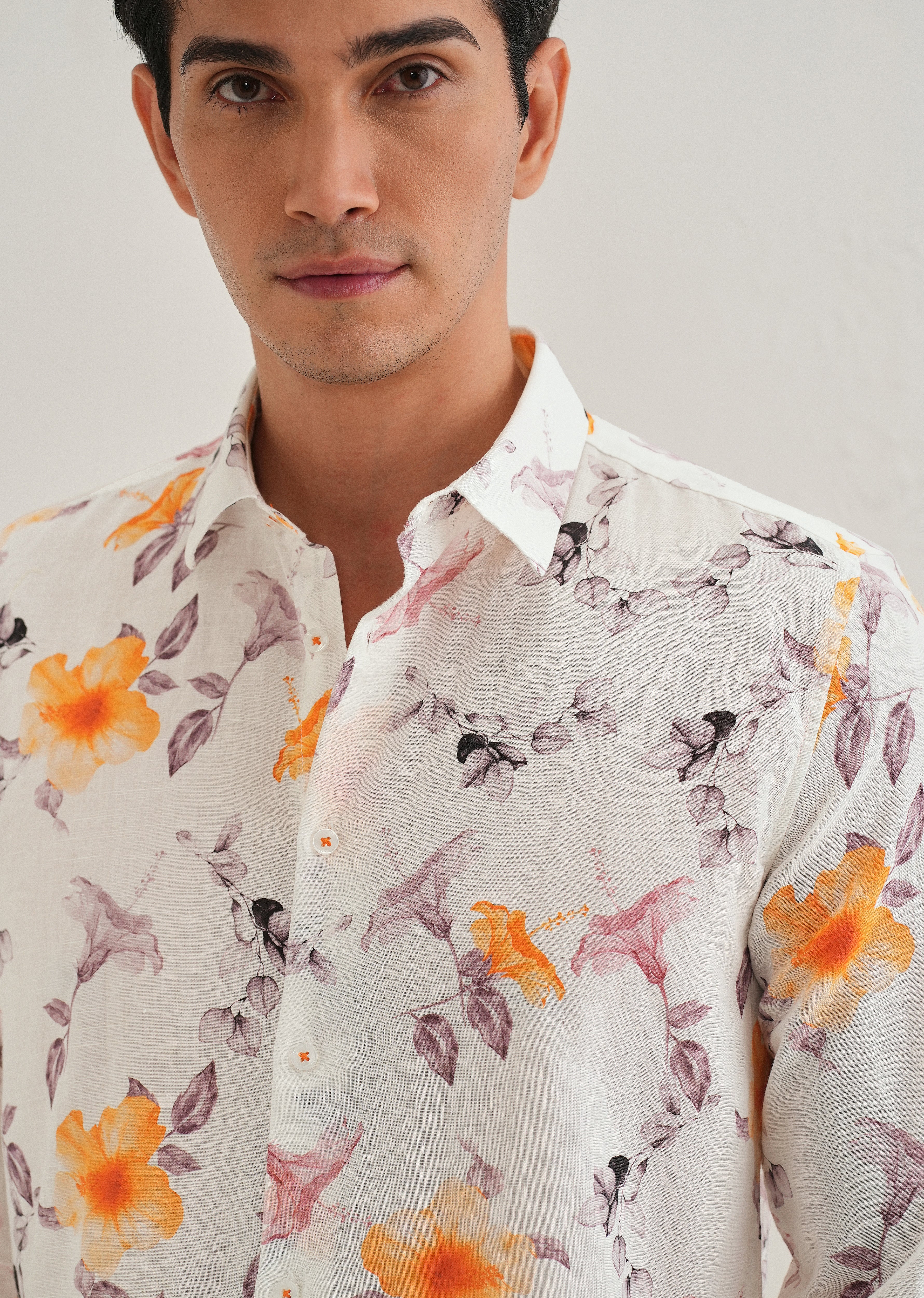 Orange Hibiscus Printed Cotton Linen Shirt - Image 2