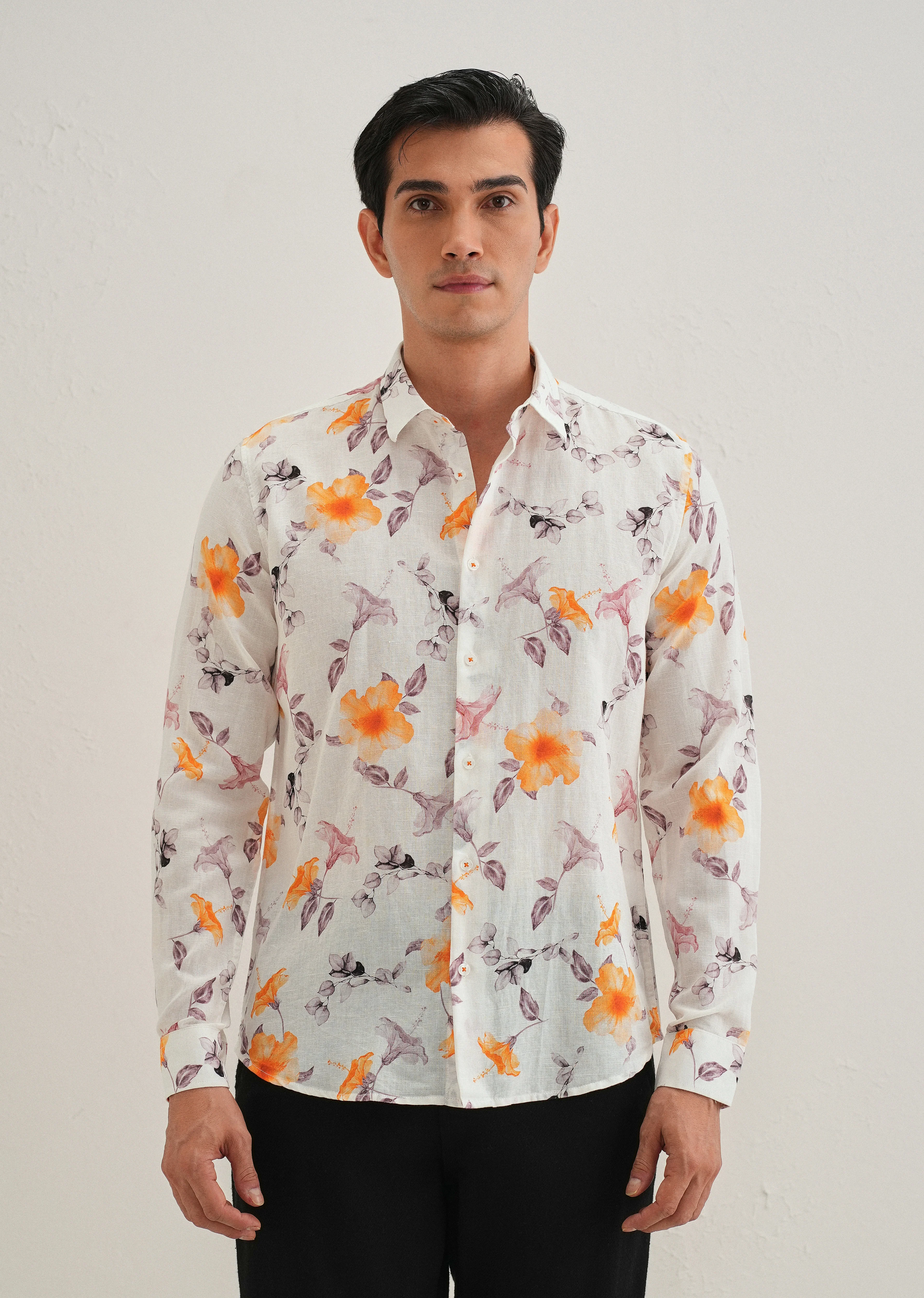 Orange Hibiscus Printed Cotton Linen Shirt - Image 3