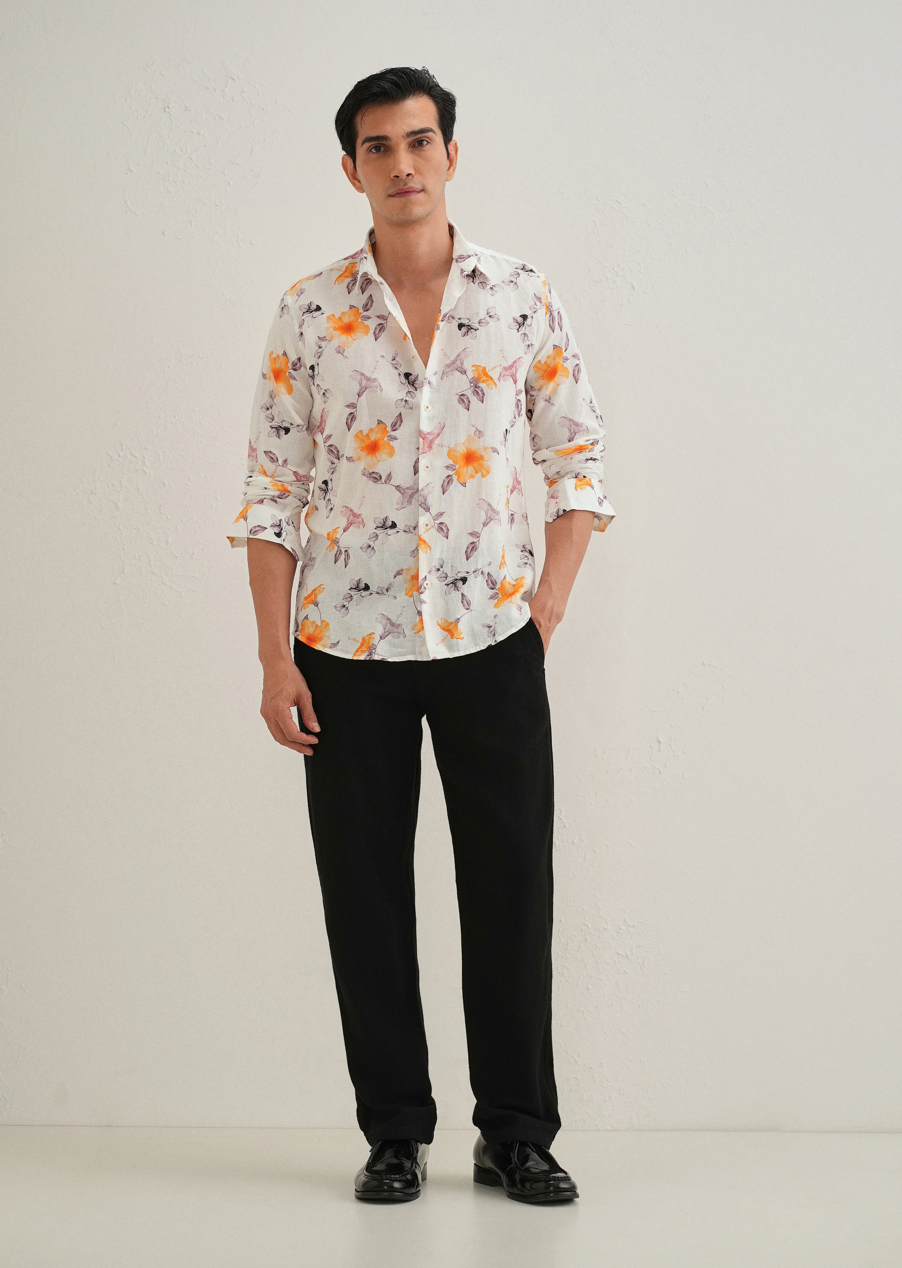 Orange Hibiscus Printed Cotton Linen Shirt - Image 6
