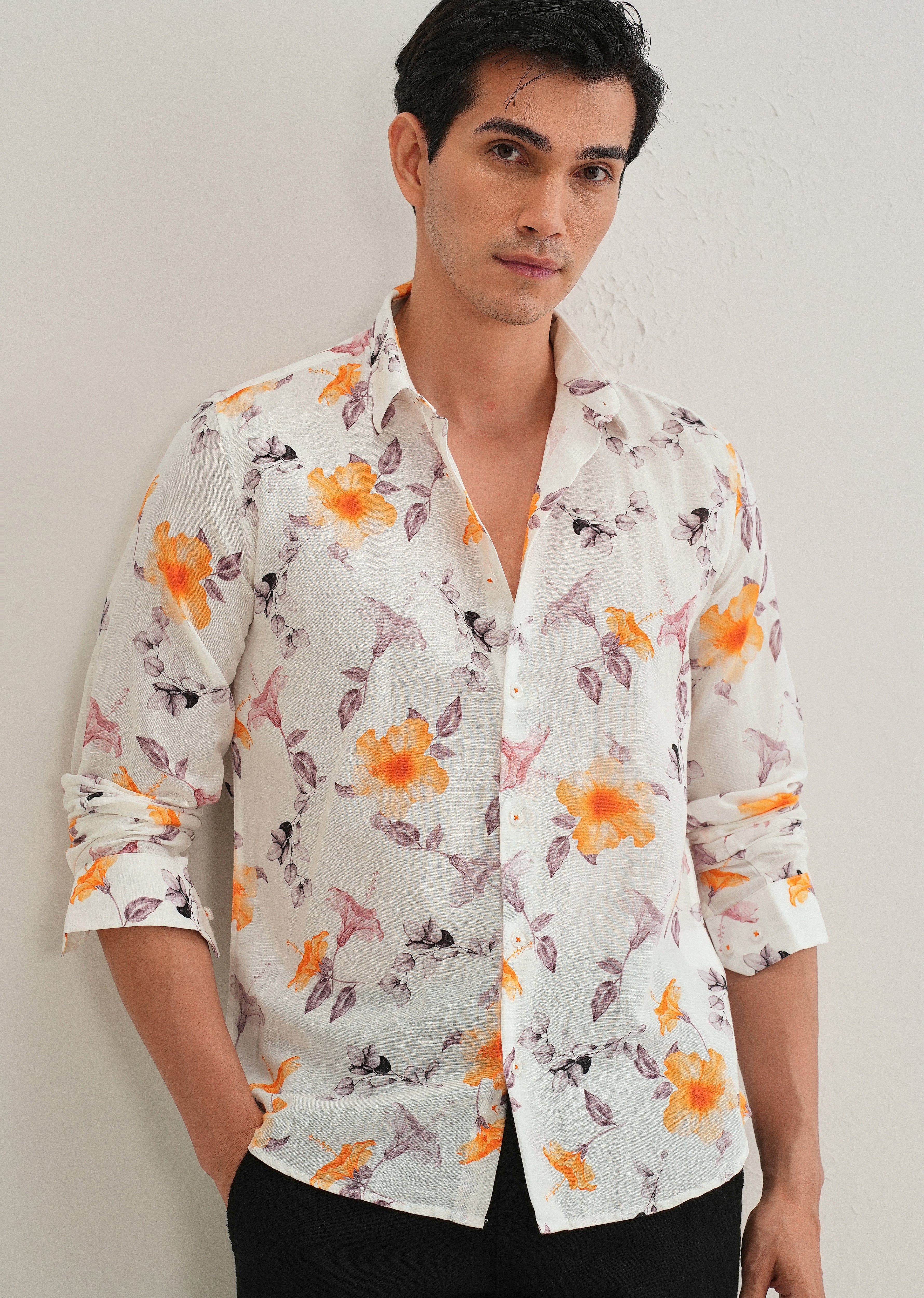 Orange Hibiscus Printed Cotton Linen Shirt - Image 7