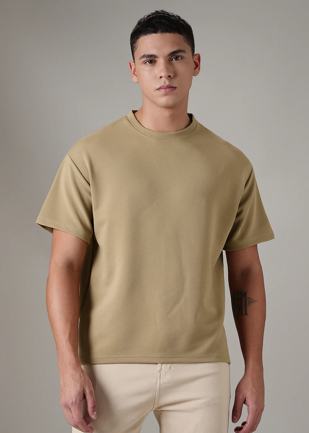 Oversized Beige Plain Textured T-shirt - Image 3