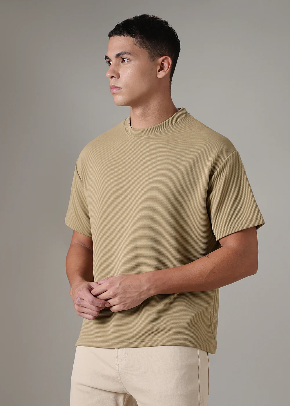 Oversized Beige Plain Textured T-shirt - Image 5