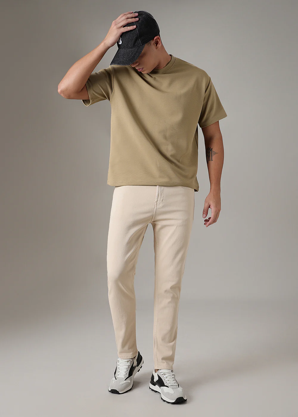 Oversized Beige Plain Textured T-shirt - Image 6
