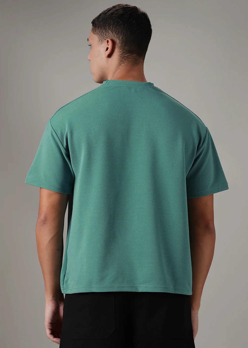 Oversized Bottle Green Plain Textured T-shirt - Image 4