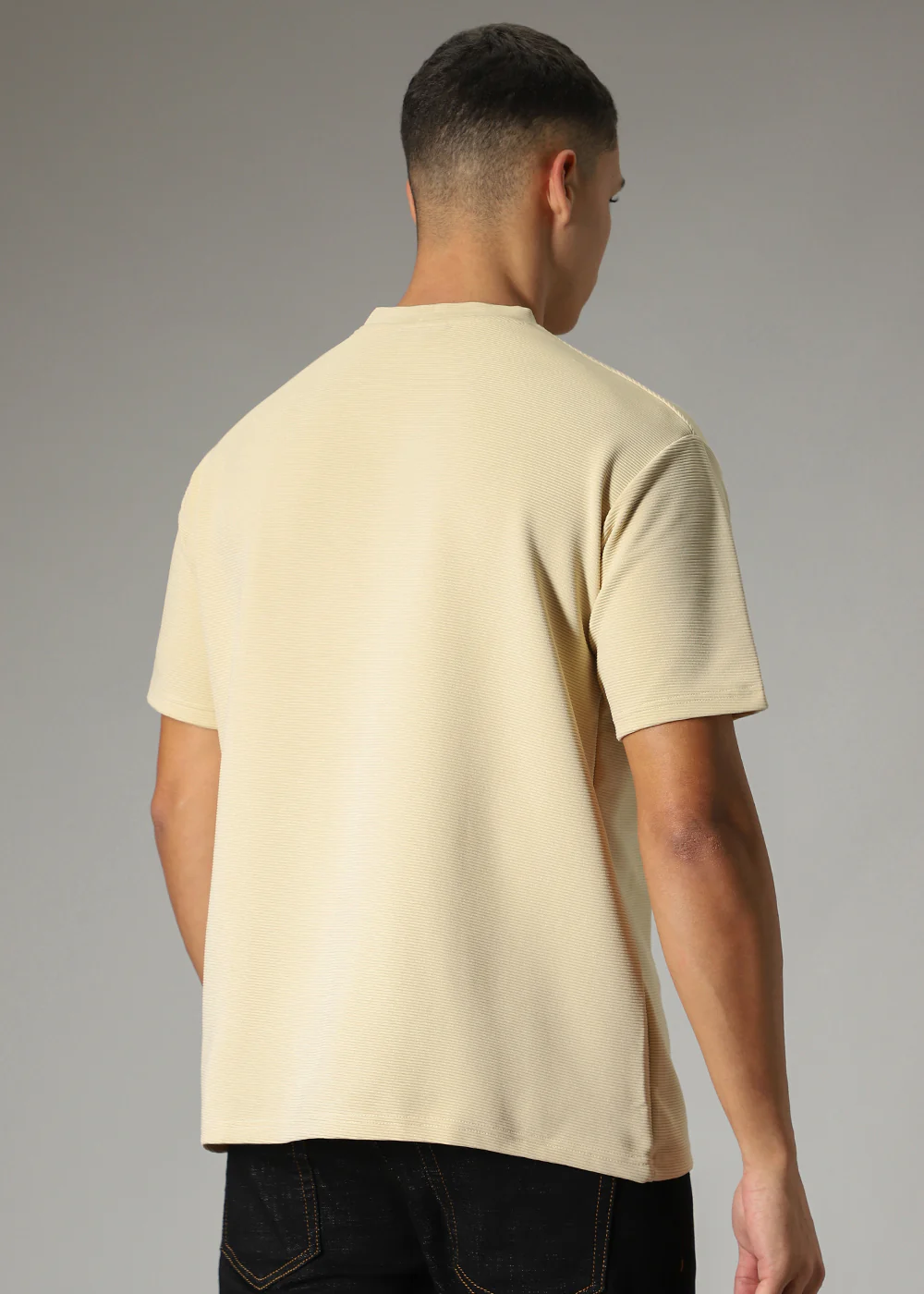 Oversized Cream Plain Textured T-shirt - Image 3