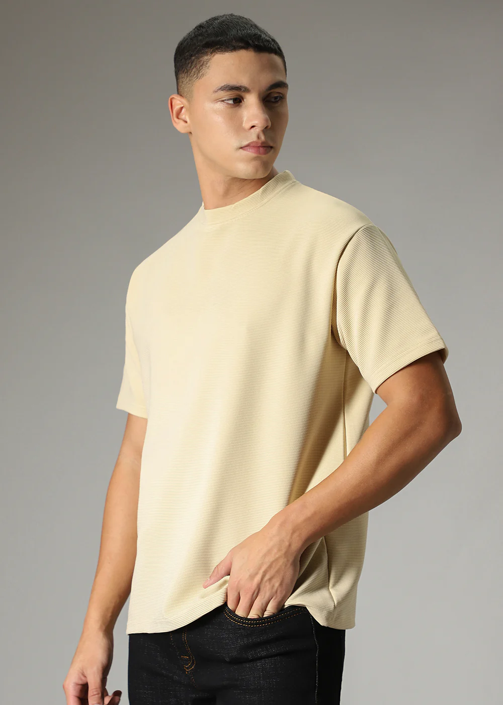Oversized Cream Plain Textured T-shirt - Image 4