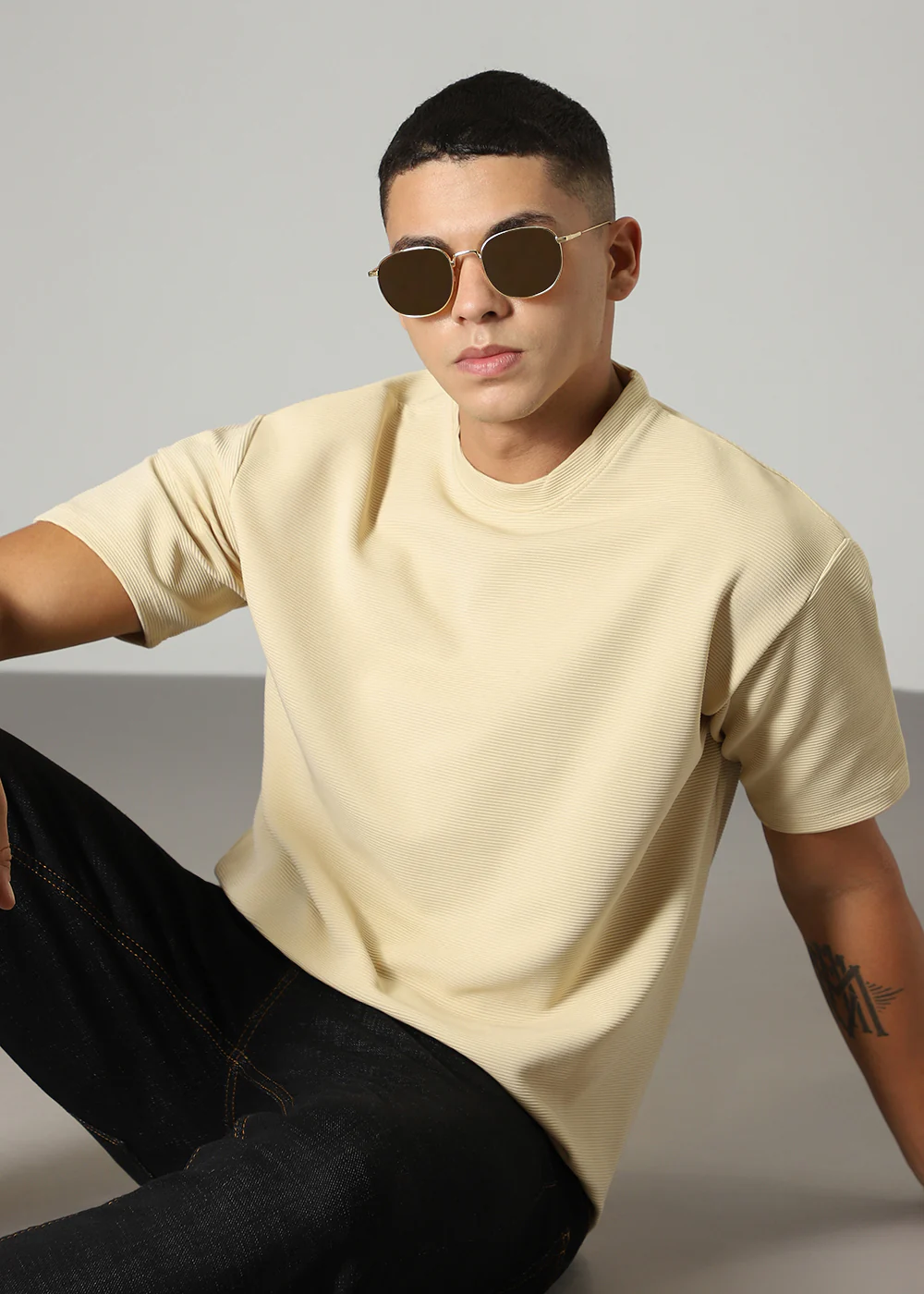 Oversized Cream Plain Textured T-shirt - Image 6