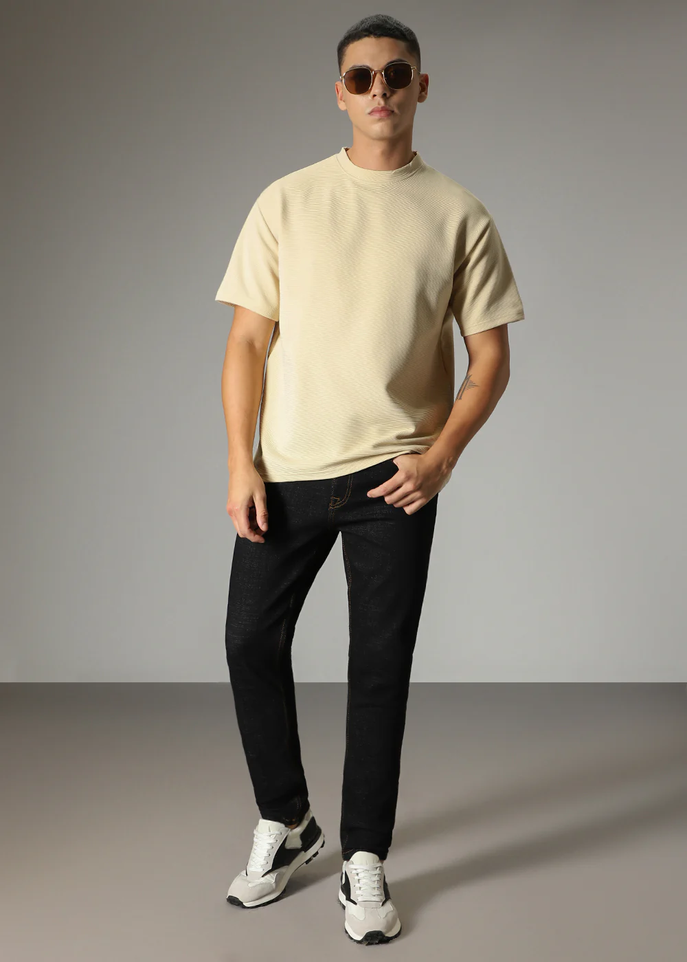 Oversized Cream Plain Textured T-shirt - Image 7