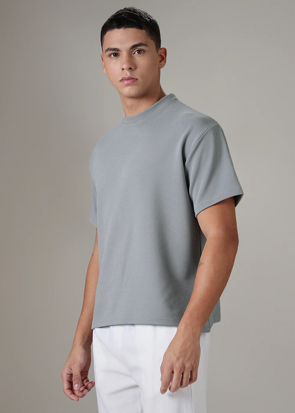 Oversized Light Grey Plain Textured T-shirt - Image 3