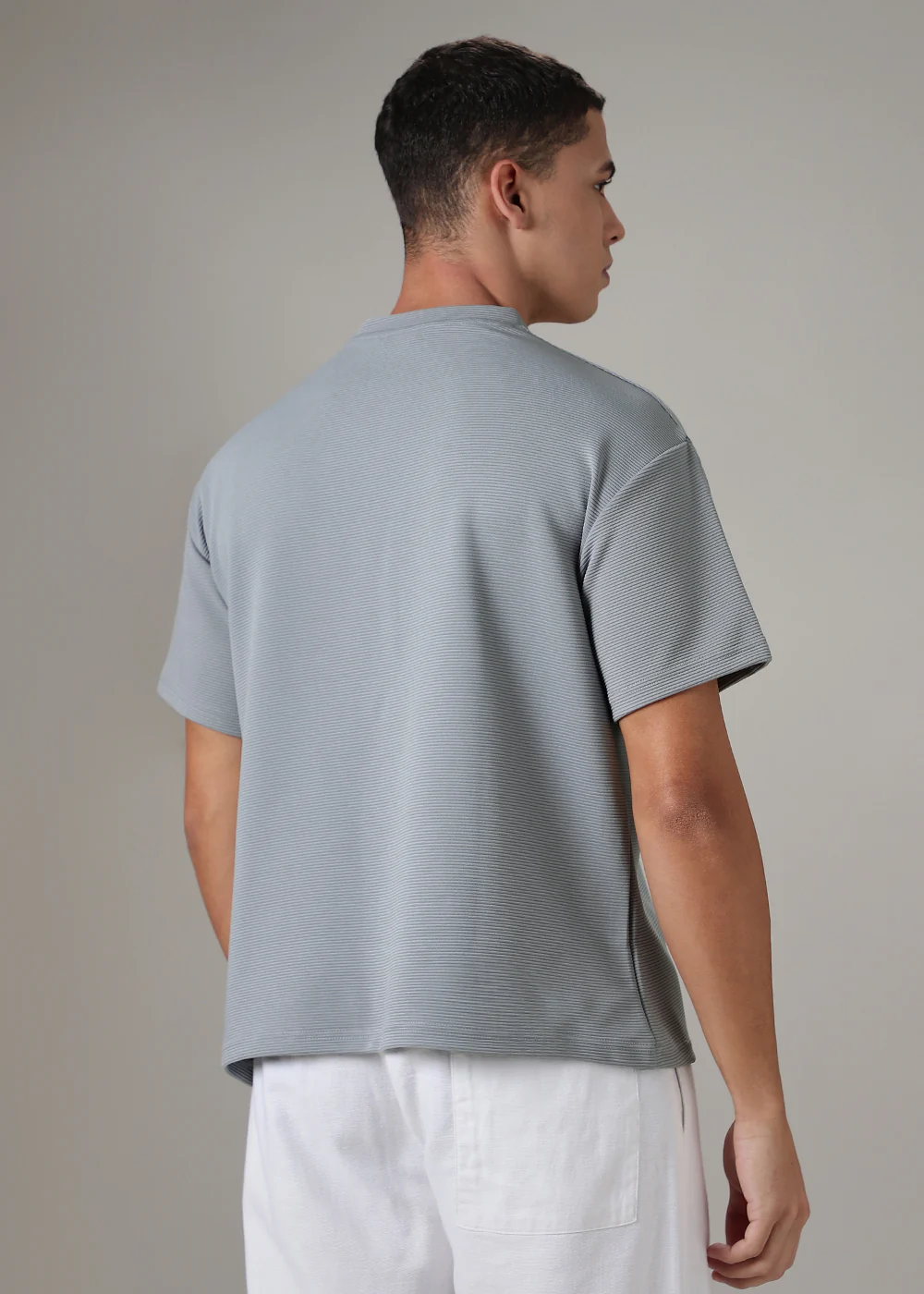 Oversized Light Grey Plain Textured T-shirt - Image 4