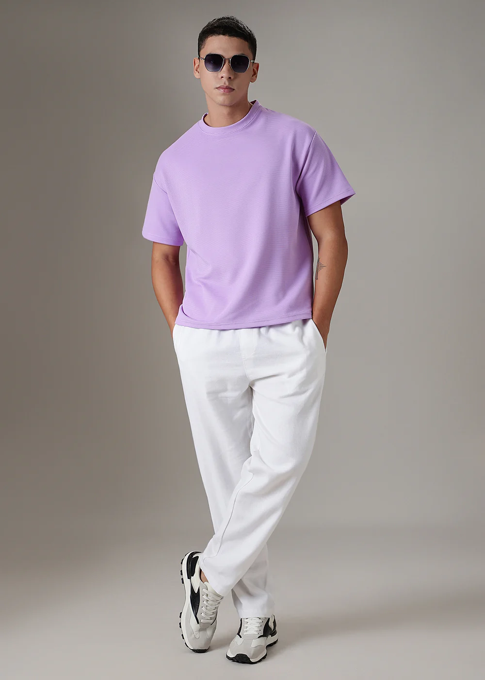 Oversized Lilac Plain Textured T-shirt - Image 6