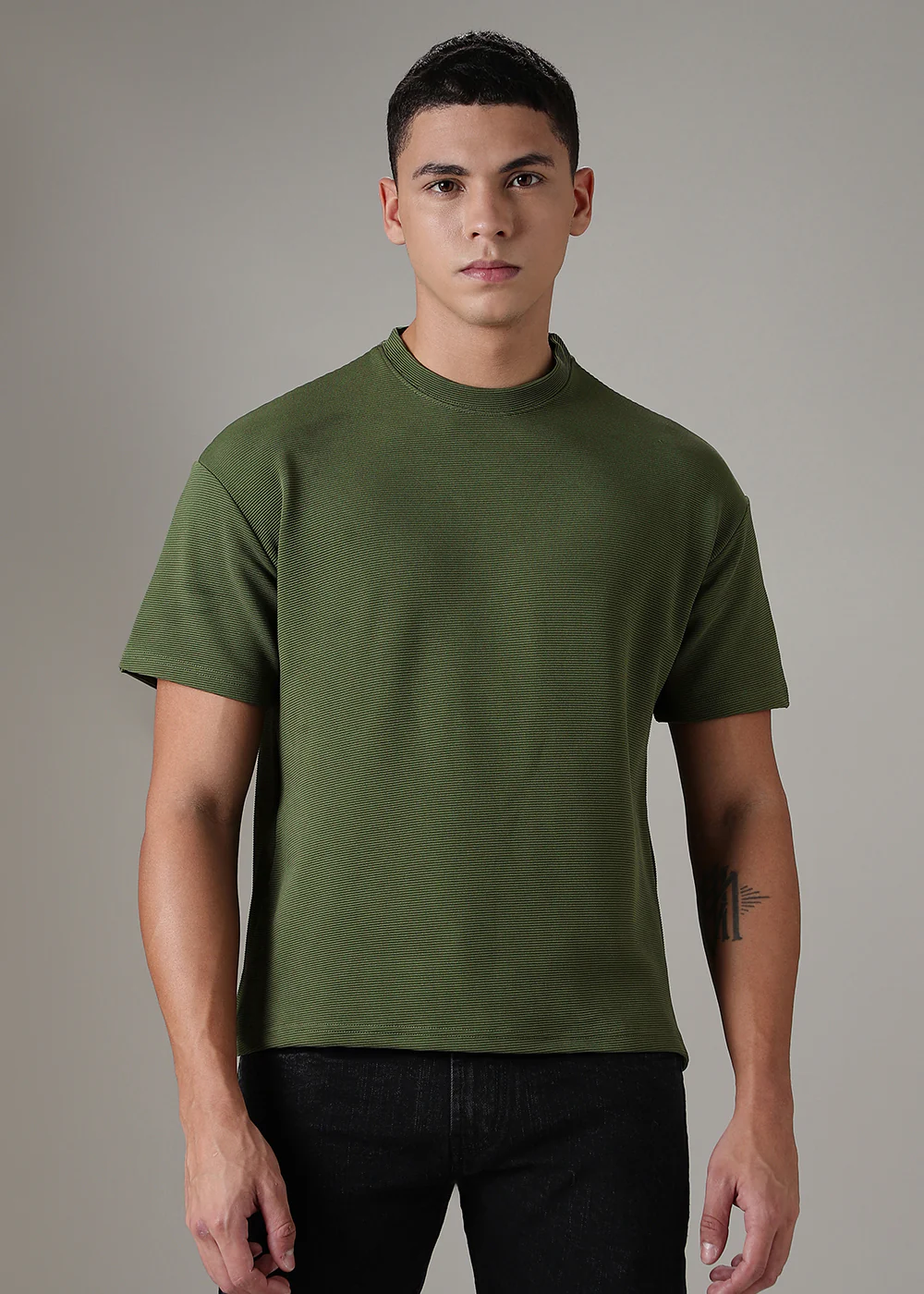 Oversized Olive Green Plain Textured T-shirt - Image 3
