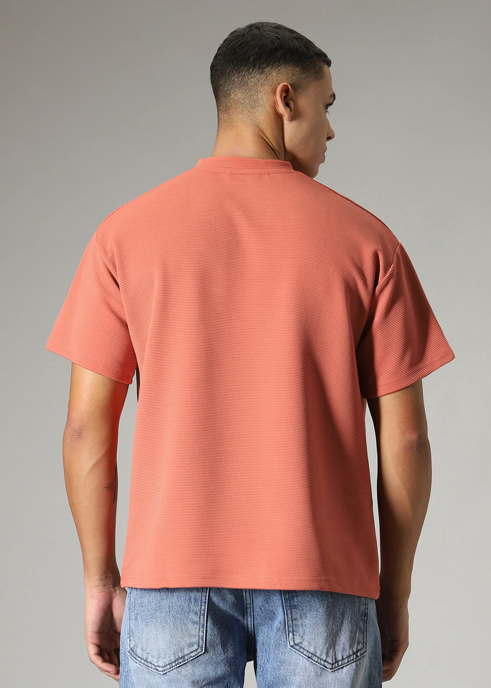Oversized Orange Plain Textured T-shirt - Image 4