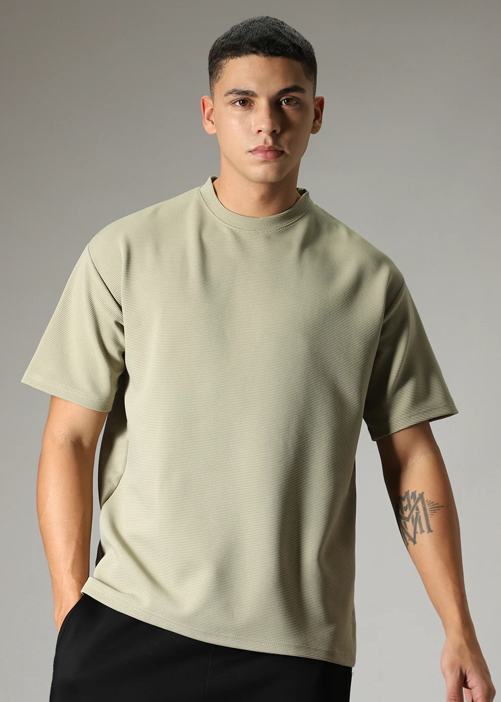 Oversized Pastel Green Plain Textured T-shirt - Image 3