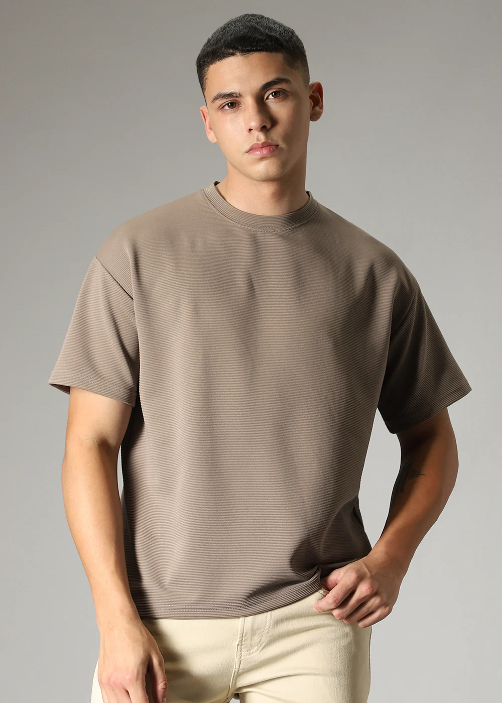 Oversized Tan Brown Plain Textured T-shirt - Image 3