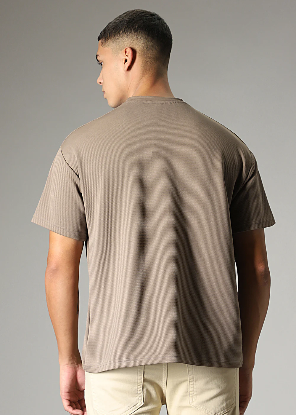 Oversized Tan Brown Plain Textured T-shirt - Image 4