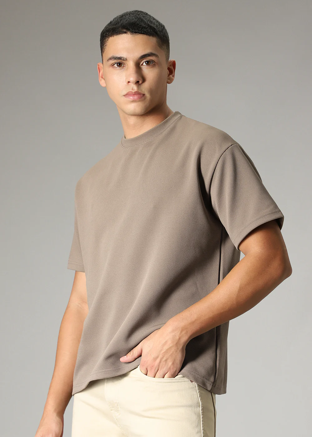 Oversized Tan Brown Plain Textured T-shirt - Image 5