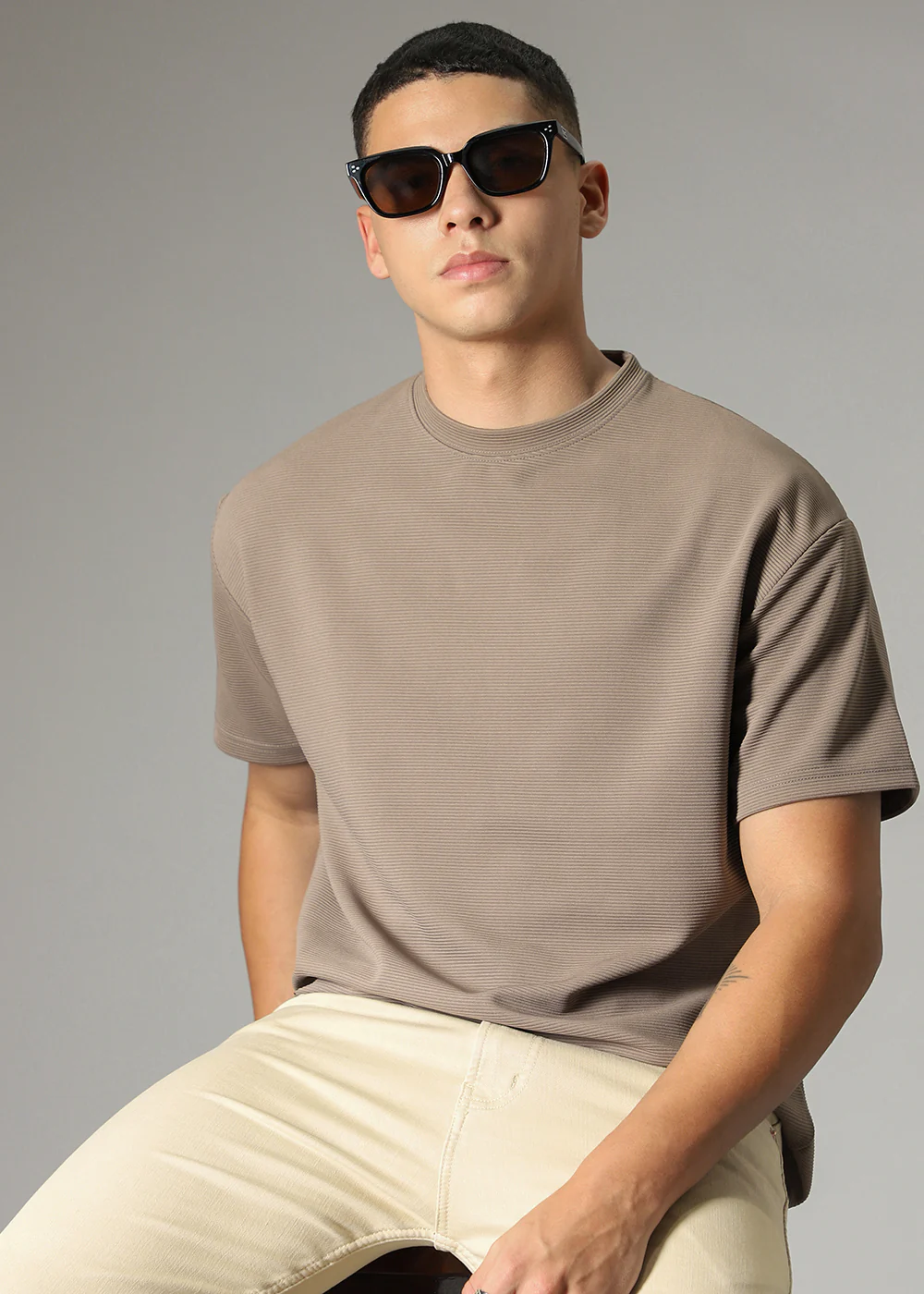 Oversized Tan Brown Plain Textured T-shirt - Image 6
