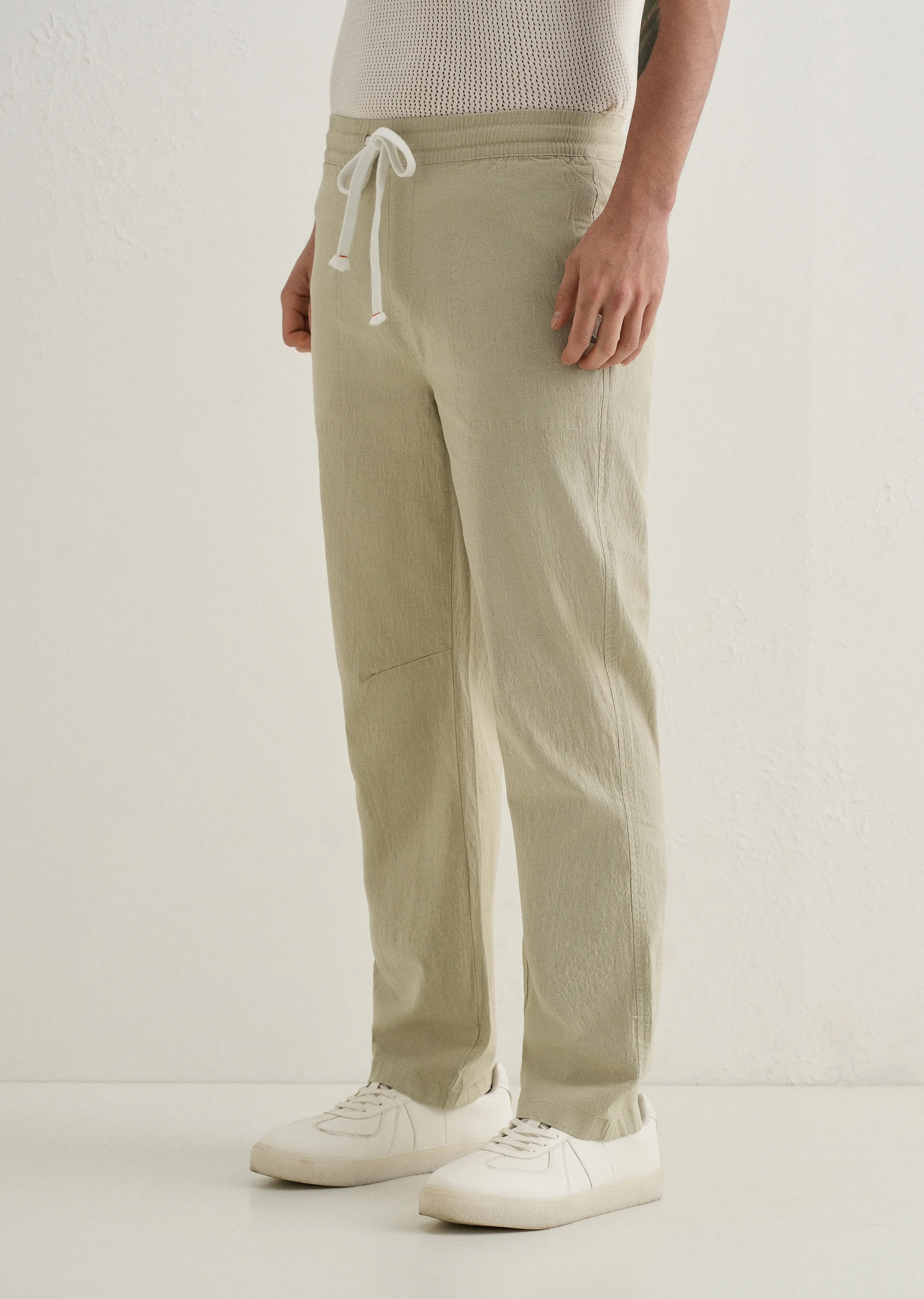 Pale Khaki Drawstring Cotton Linen Pant - Image 4