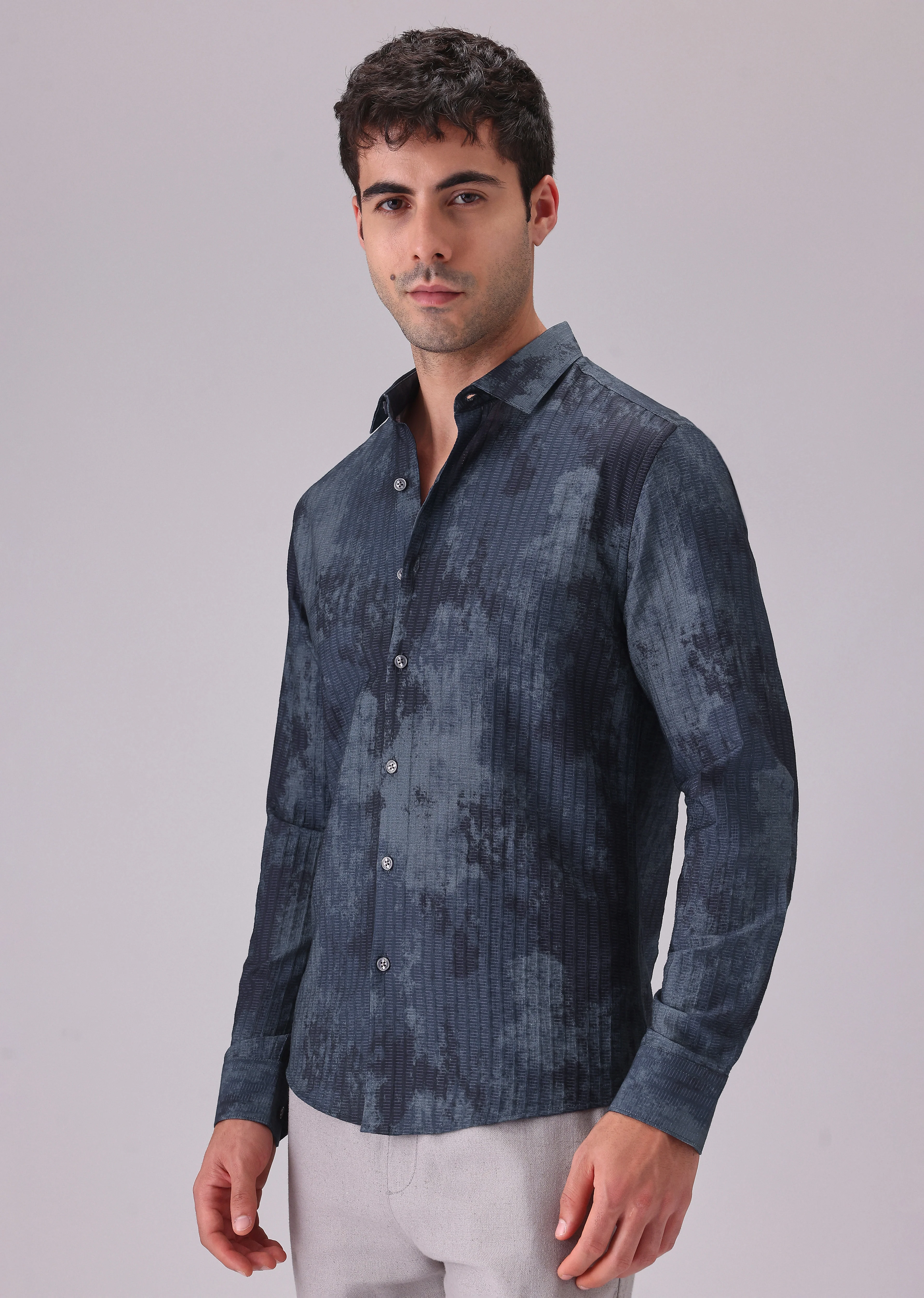 Paralleled Line Blue Printed Shirt - Image 4